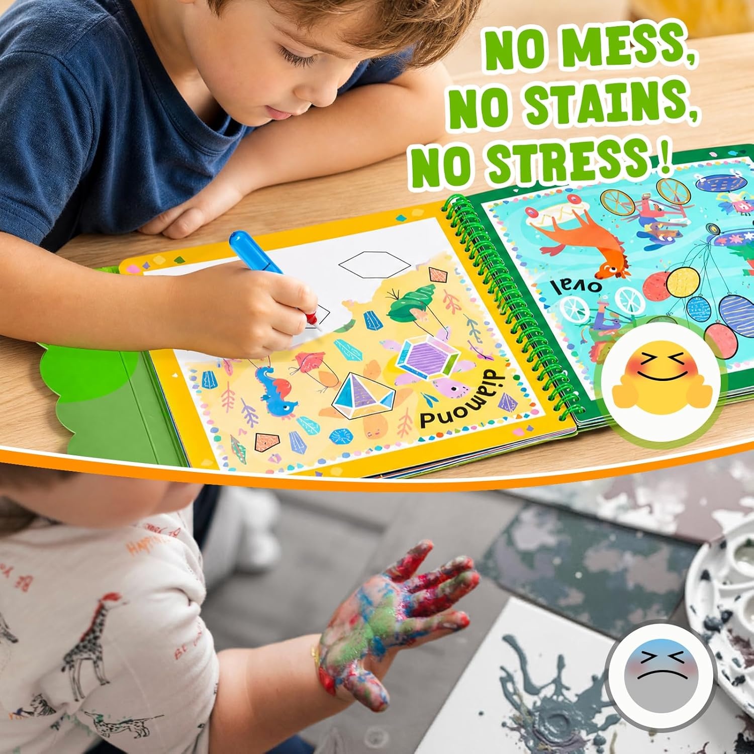 JoyCat Water Coloring Book for Toddlers, Shapes & Transportation Theme, 14 Reusable Activity Pages, Mess-Free Coloring Book for Kids Ages 3-5, Preschool Shape Learning Vehicle Activity Book(Shape & Transportation)