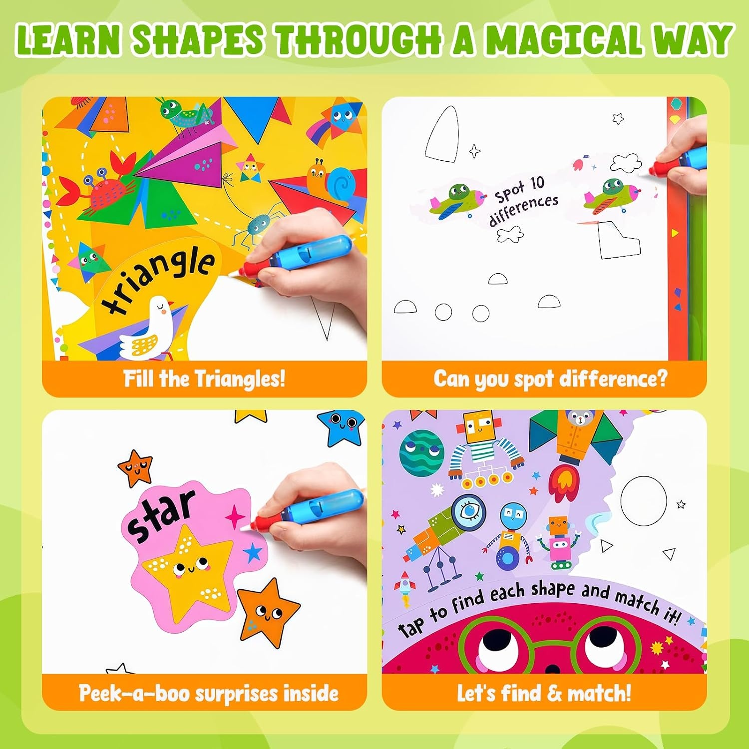 JoyCat Water Coloring Book for Toddlers, Shapes & Transportation Theme, 14 Reusable Activity Pages, Mess-Free Coloring Book for Kids Ages 3-5, Preschool Shape Learning Vehicle Activity Book(Shape & Transportation)