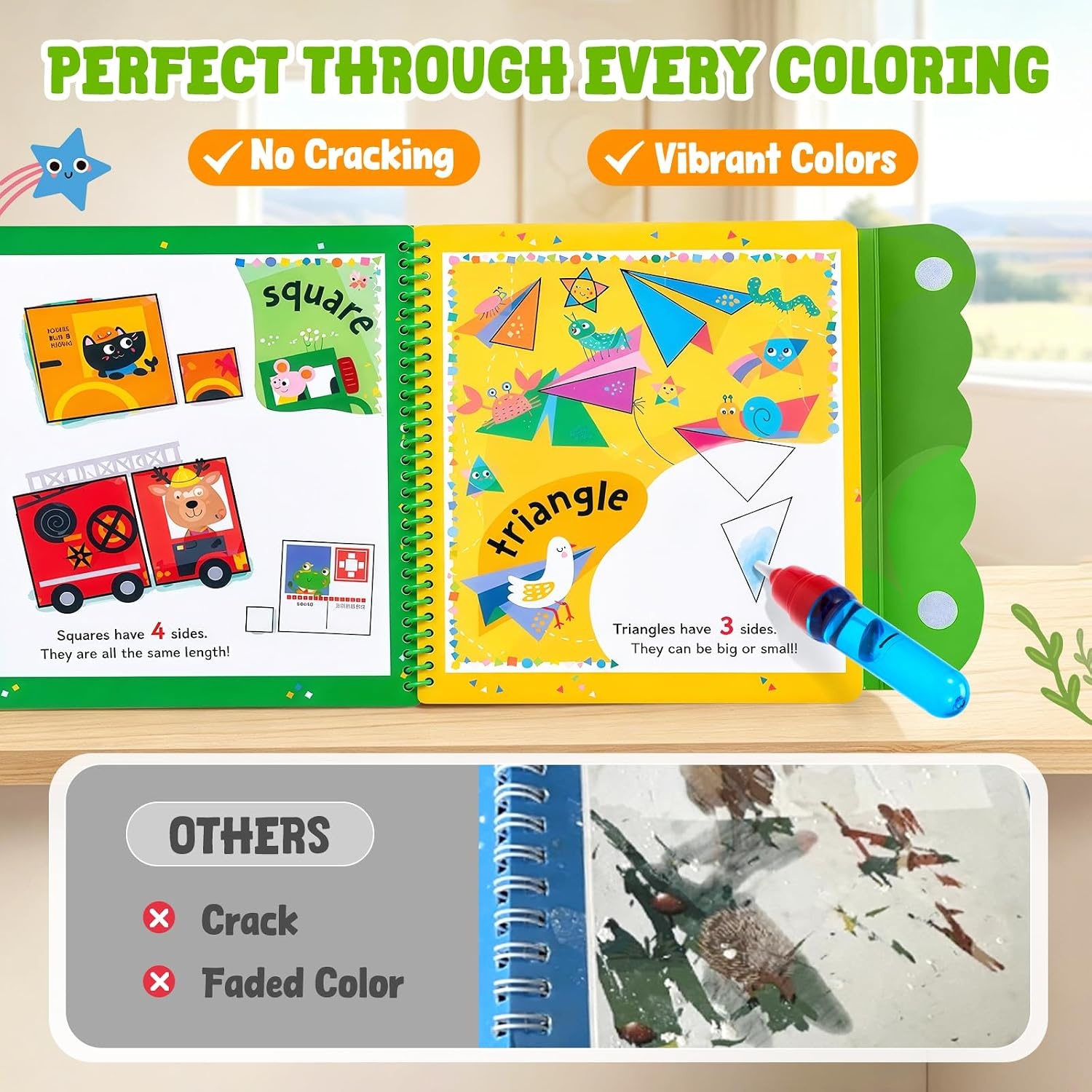 JoyCat Water Coloring Book for Toddlers, Shapes & Transportation Theme, 14 Reusable Activity Pages, Mess-Free Coloring Book for Kids Ages 3-5, Preschool Shape Learning Vehicle Activity Book(Shape & Transportation)