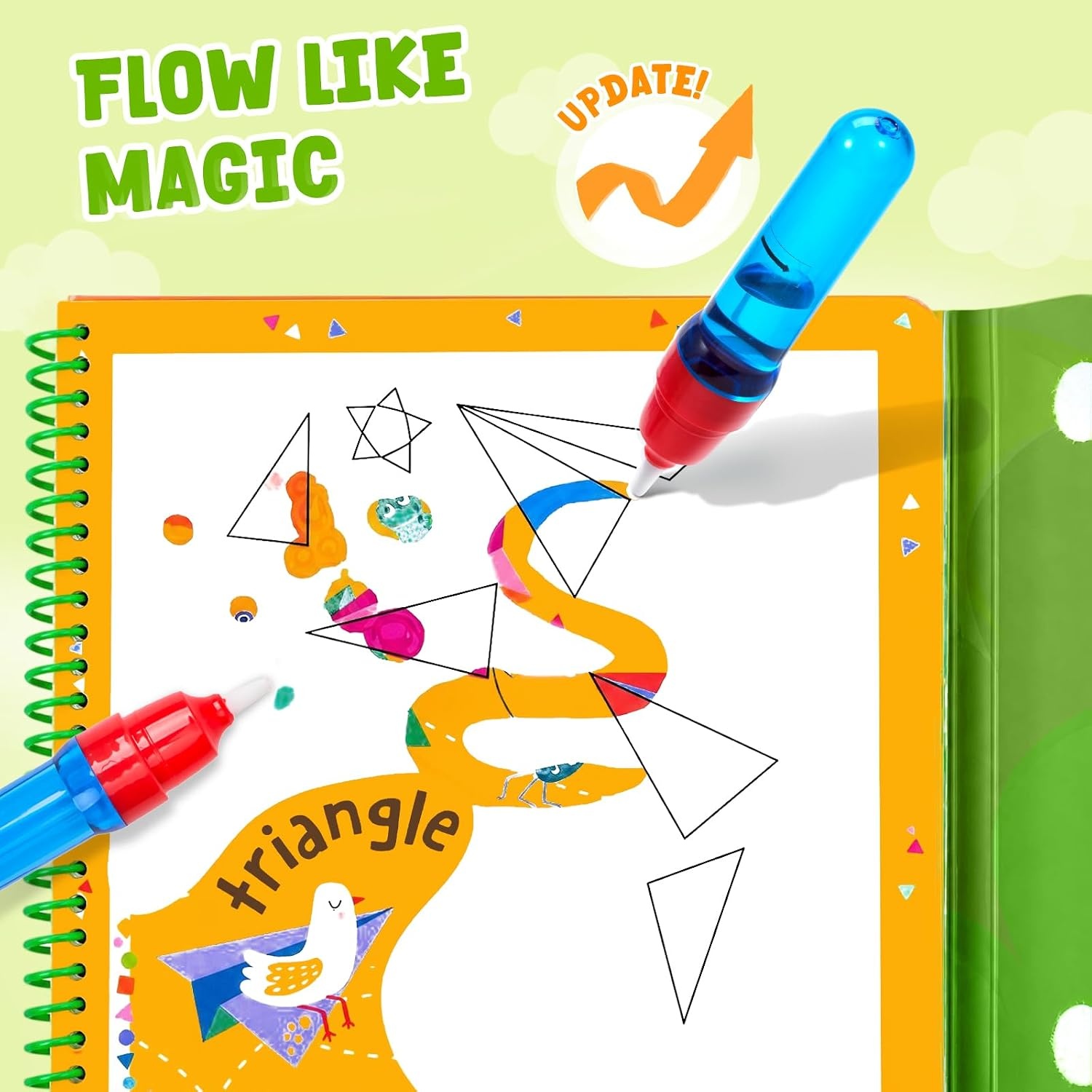 JoyCat Water Coloring Book for Toddlers, Shapes & Transportation Theme, 14 Reusable Activity Pages, Mess-Free Coloring Book for Kids Ages 3-5, Preschool Shape Learning Vehicle Activity Book(Shape & Transportation)