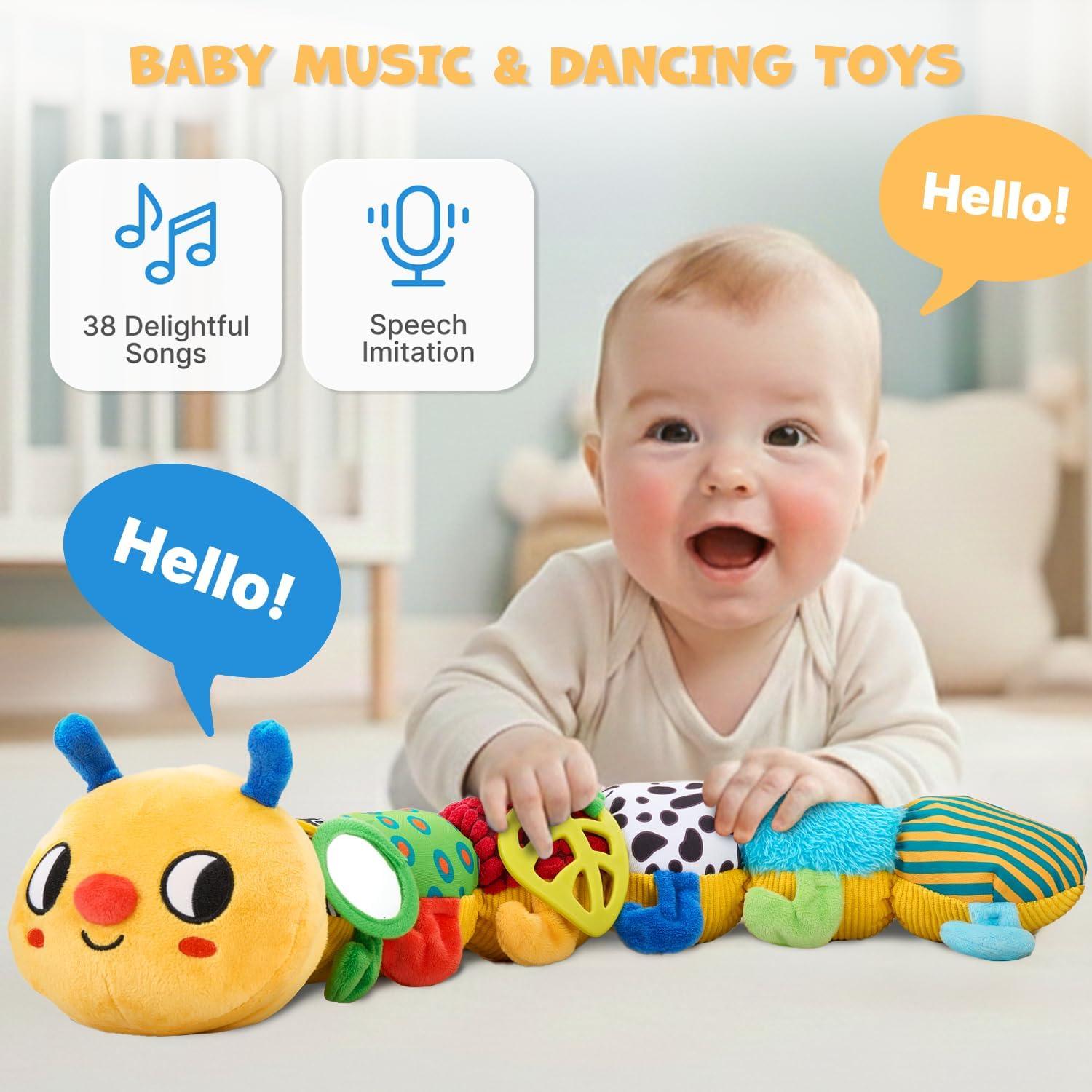JoyCat Baby Toys 0-18 Months, Musical Crawling Caterpillar Plush Toy – 38 Songs & Recording Feature, Bouncing Tummy Time Toy, Sensory Toys with Crinkle & Textures for Newborn Boys Girl Shower Gifts
