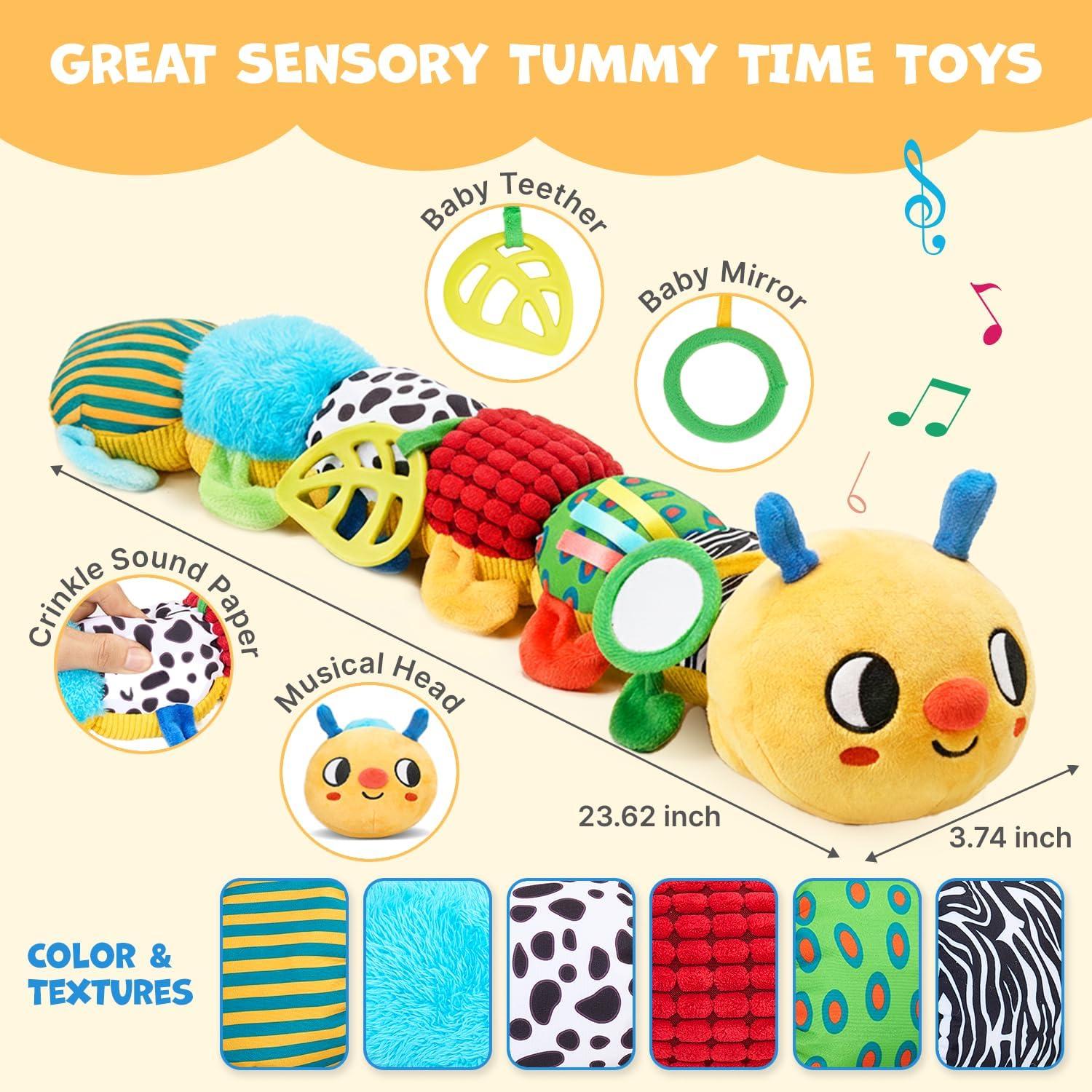 JoyCat Baby Toys 0-18 Months, Musical Crawling Caterpillar Plush Toy – 38 Songs & Recording Feature, Bouncing Tummy Time Toy, Sensory Toys with Crinkle & Textures for Newborn Boys Girl Shower Gifts