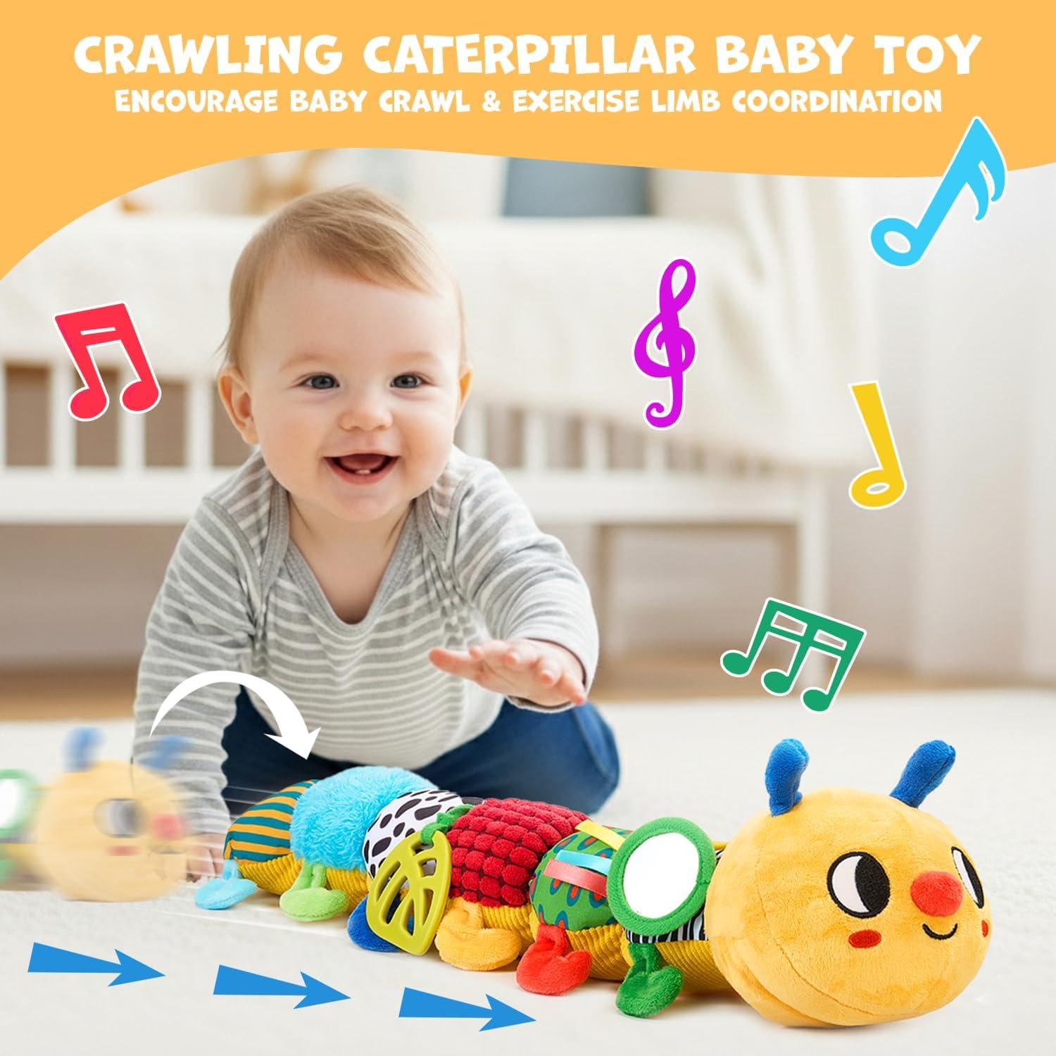 JoyCat Baby Toys 0-18 Months, Musical Crawling Caterpillar Plush Toy – 38 Songs & Recording Feature, Bouncing Tummy Time Toy, Sensory Toys with Crinkle & Textures for Newborn Boys Girl Shower Gifts