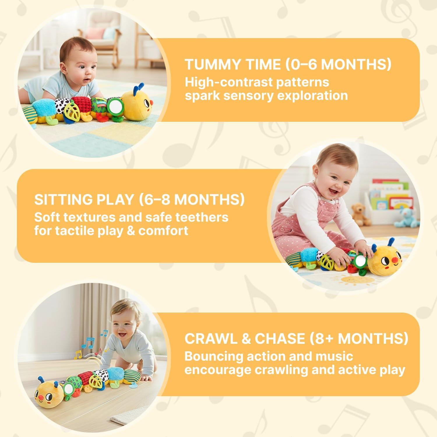 JoyCat Baby Toys 0-18 Months, Musical Crawling Caterpillar Plush Toy – 38 Songs & Recording Feature, Bouncing Tummy Time Toy, Sensory Toys with Crinkle & Textures for Newborn Boys Girl Shower Gifts