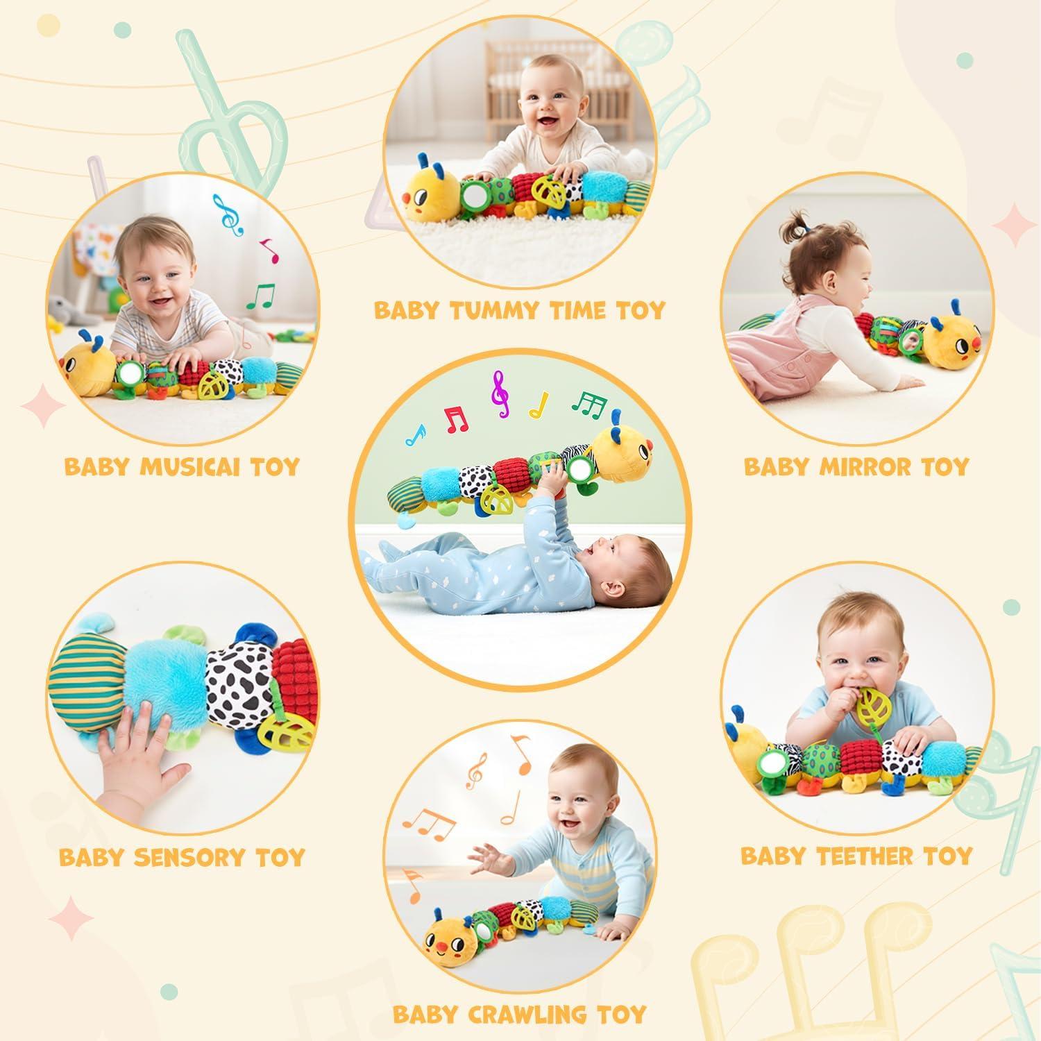 JoyCat Baby Toys 0-18 Months, Musical Crawling Caterpillar Plush Toy – 38 Songs & Recording Feature, Bouncing Tummy Time Toy, Sensory Toys with Crinkle & Textures for Newborn Boys Girl Shower Gifts