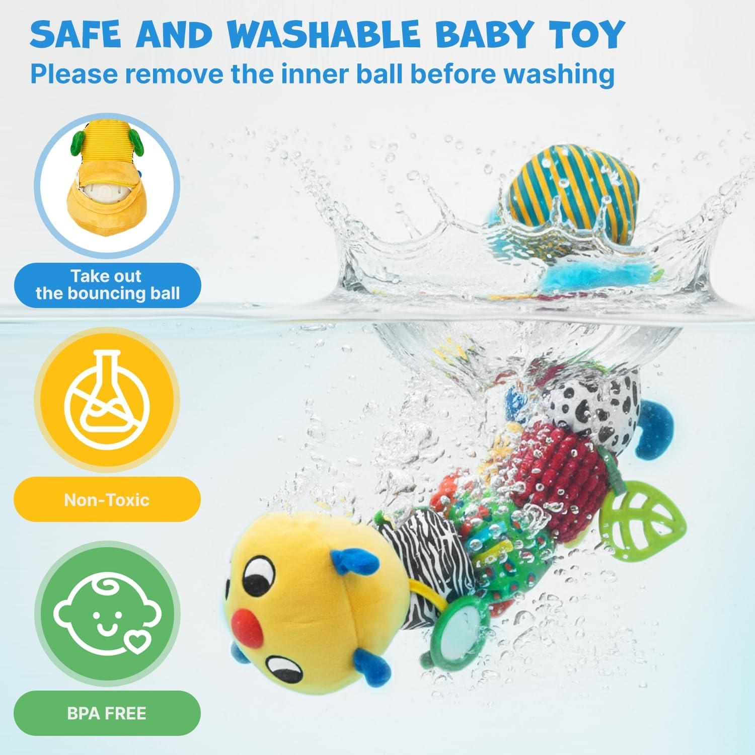 JoyCat Baby Toys 0-18 Months, Musical Crawling Caterpillar Plush Toy – 38 Songs & Recording Feature, Bouncing Tummy Time Toy, Sensory Toys with Crinkle & Textures for Newborn Boys Girl Shower Gifts