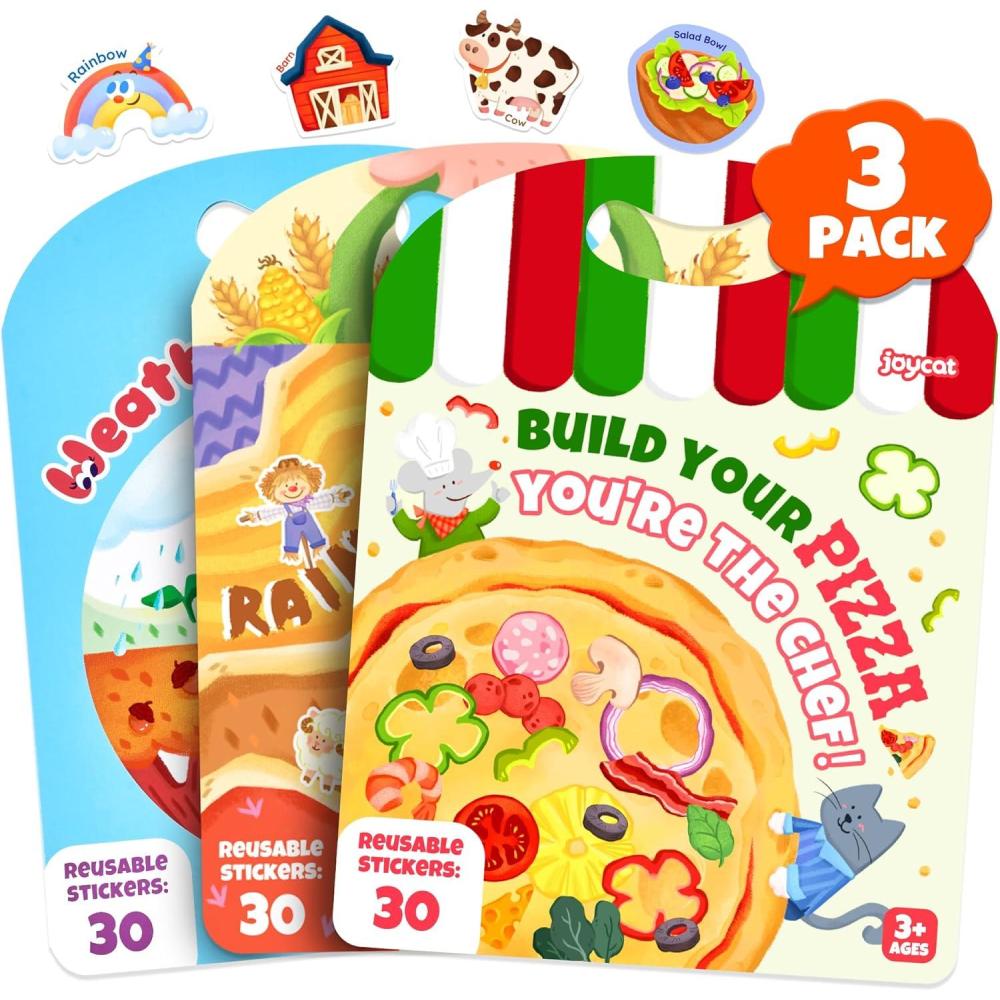 JoyCat Reusable Sticker Book Set (3-Pack): Unicorn, Fairies, Mermaid – 90 Pcs Stickers for Toddlers, Kids Sticker Activity Book, Road Trip Travel Toys, Party Favors, Birthday Gifts for Baby Girls(3-Pack: Weather  Farm  Pizza)