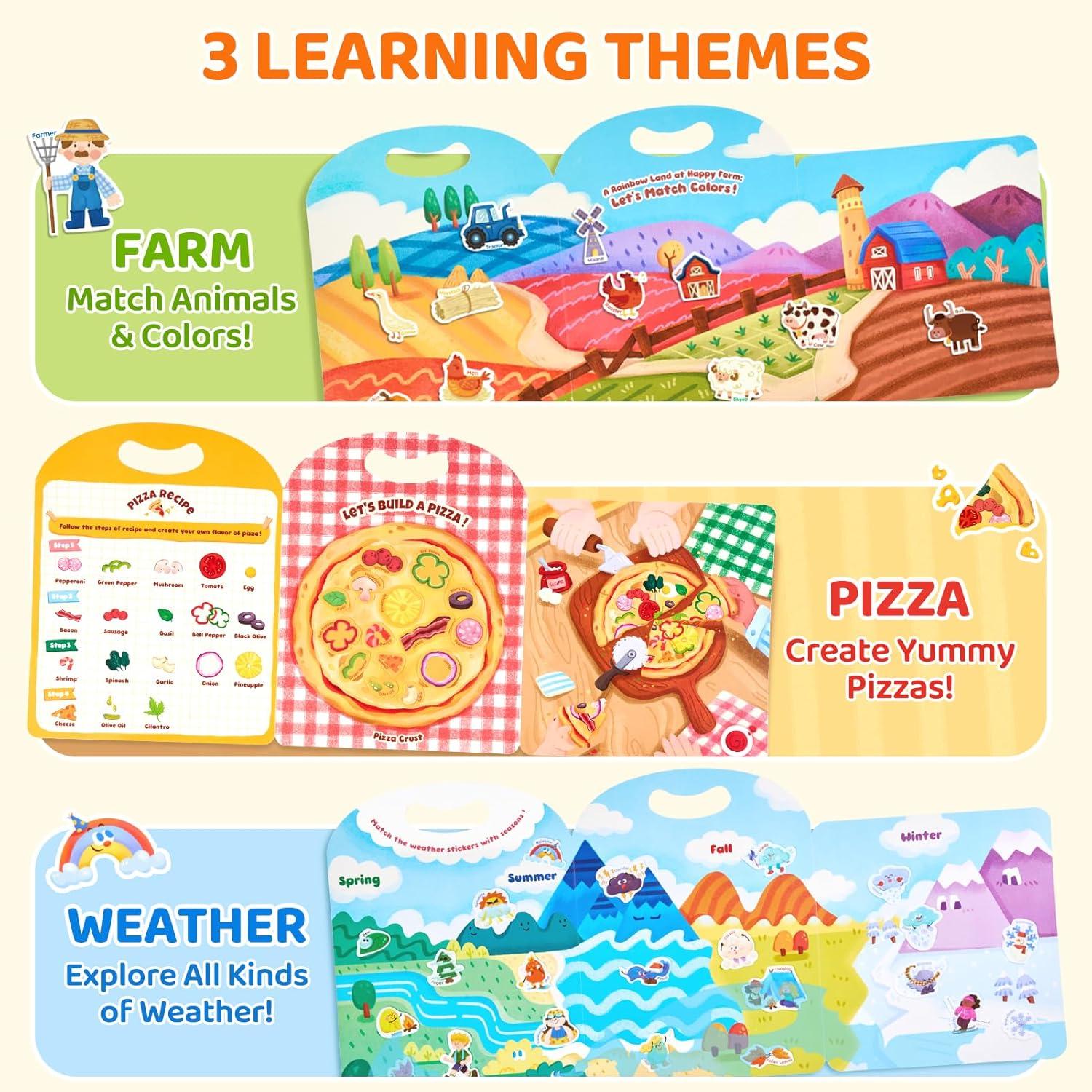 JoyCat Reusable Sticker Book Set (3-Pack): Unicorn, Fairies, Mermaid – 90 Pcs Stickers for Toddlers, Kids Sticker Activity Book, Road Trip Travel Toys, Party Favors, Birthday Gifts for Baby Girls(3-Pack: Weather  Farm  Pizza)