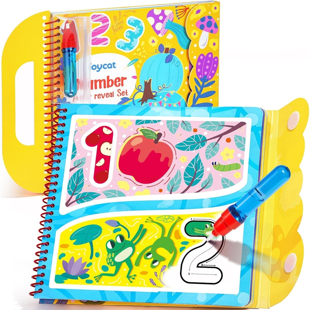 JoyCat Water Coloring Book for Toddlers, Shapes & Transportation Theme, 14 Reusable Activity Pages, Mess-Free Coloring Book for Kids Ages 3-5, Preschool Shape Learning Vehicle Activity Book(Number)