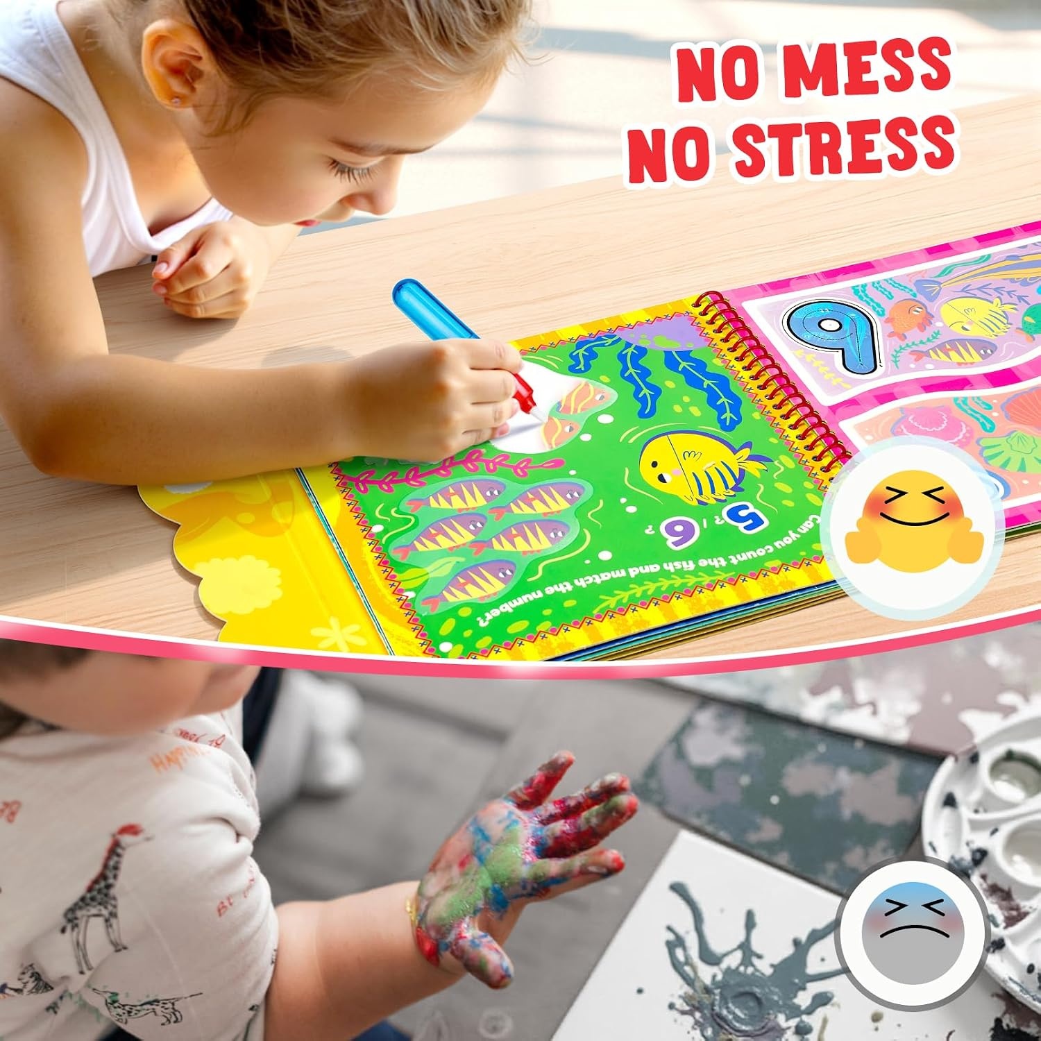 JoyCat Water Coloring Book for Toddlers, Shapes & Transportation Theme, 14 Reusable Activity Pages, Mess-Free Coloring Book for Kids Ages 3-5, Preschool Shape Learning Vehicle Activity Book(Number)