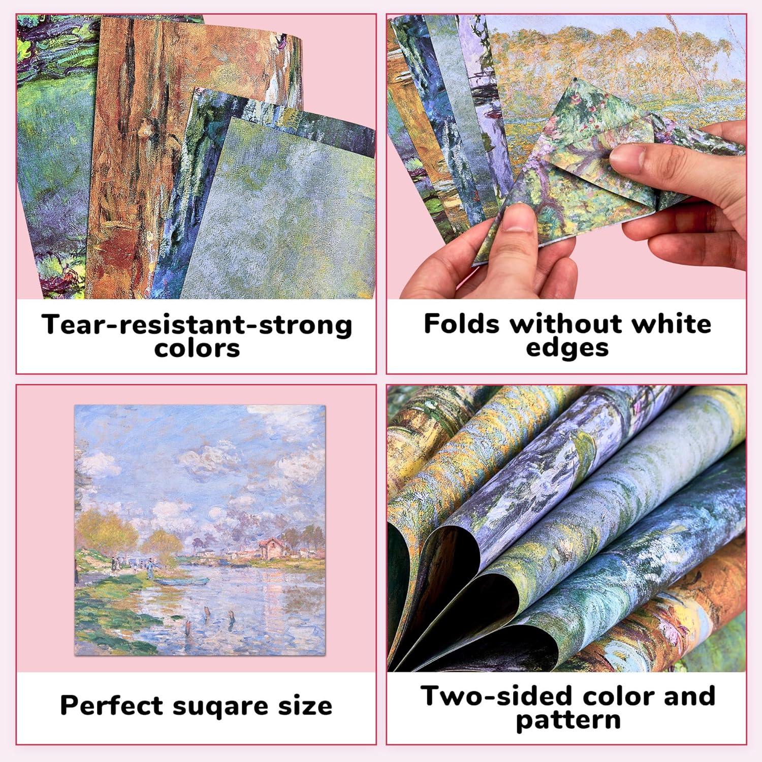 JoyCat Origami Papers, 6×6 Inches – Floral & Botanical Origami Paper – 50 Sheets Double-Sided Vintage Flower Patterns, Retro Nature Folding Paper for Scrapbooking(Monet’s Art)