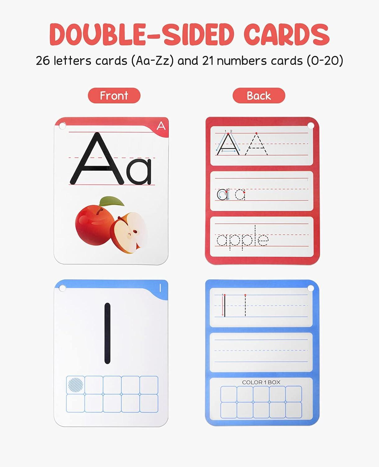 Gamenote Dry Erase Alphabet and Number Flash Cards – Write and Wipe Laminated ABC Letter Tracing Practice Card for Kindergarten (47 Flashcards with 2 Rings and Marker)