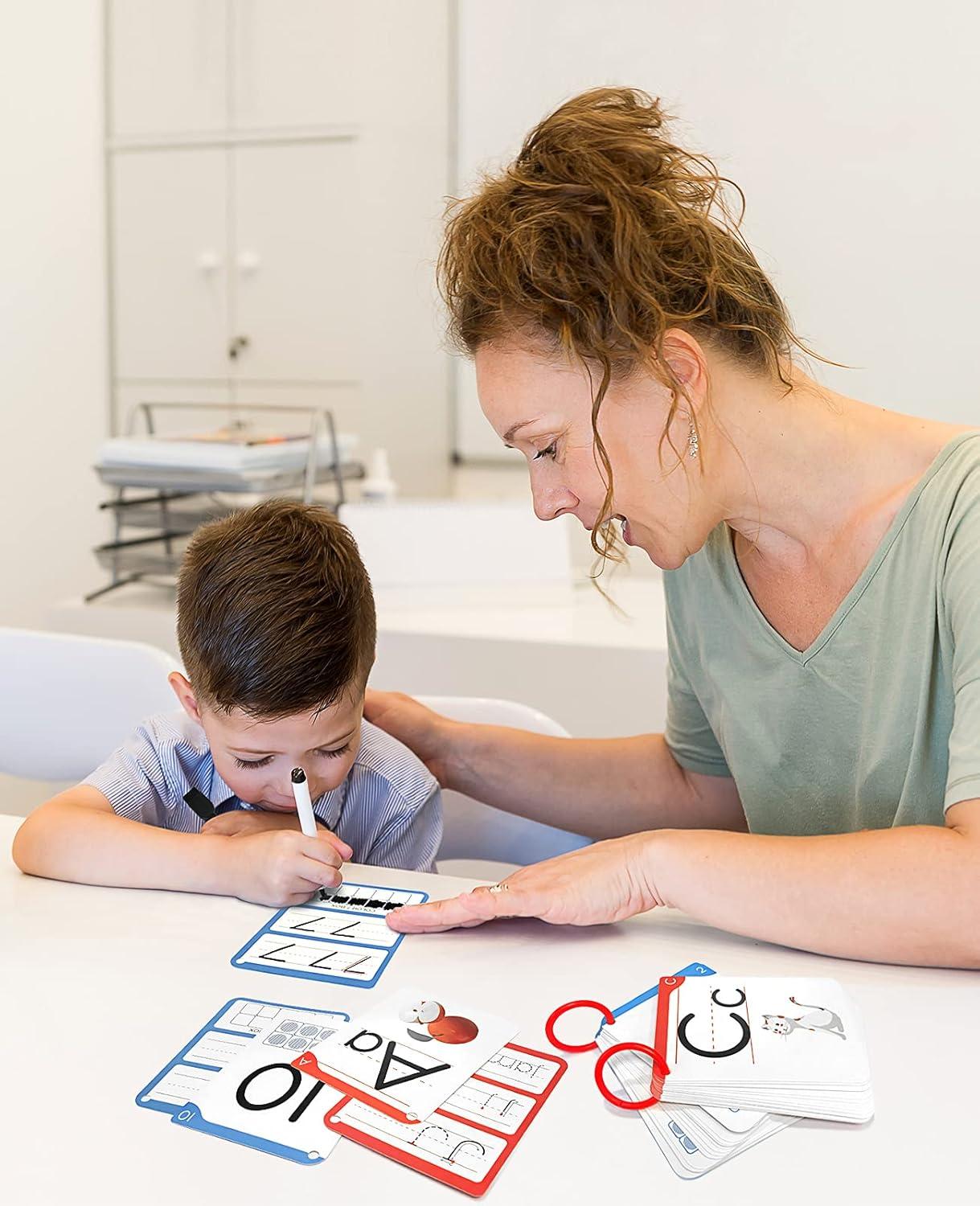 Gamenote Dry Erase Alphabet and Number Flash Cards – Write and Wipe Laminated ABC Letter Tracing Practice Card for Kindergarten (47 Flashcards with 2 Rings and Marker)