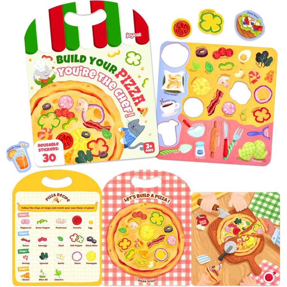 JoyCat Reusable Sticker Book Set (3-Pack): Farm, Pizza-Making, Weather – 90 Pcs Stickers for Toddlers, Kids Sticker Activity Book, Road Trip Travel Toys, Birthday Gifts for Boys and Girls(Pizza)