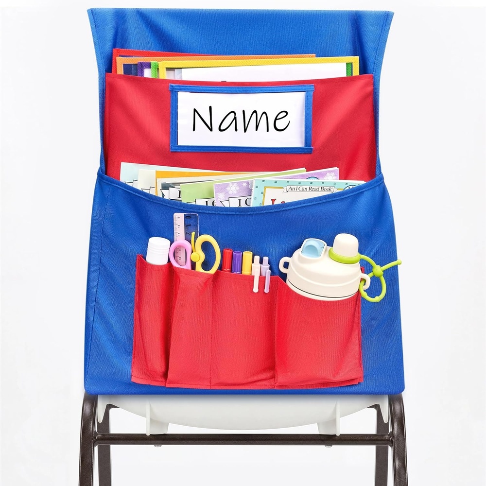 Joycat 24 Pack Classroom Chair Pocket for School, Large Capacity Student Storage Organizer with Deep Pocket & Name Tag Slot, Heavy Duty Chair Bag for Classroom Books & School Supplies(Red)