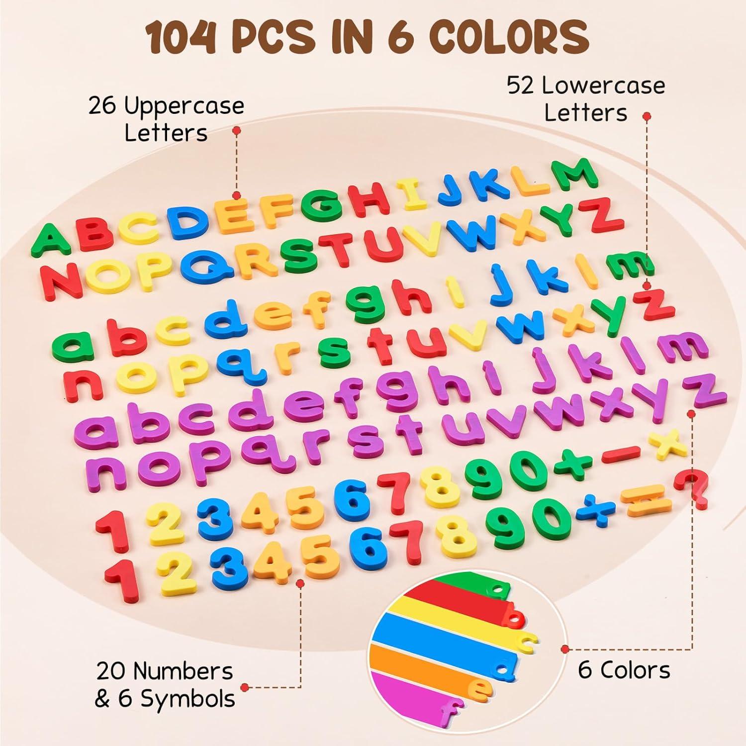 JoyCat 104 Pieces Magnetic Letters Numbers Alphabet Fridge Magnets ABC 123 Preschool Educational Learning Plastic Colorful Toy Set Uppercase Lowercase Math Symbols for Toddlers Kids 3+(104PCS)