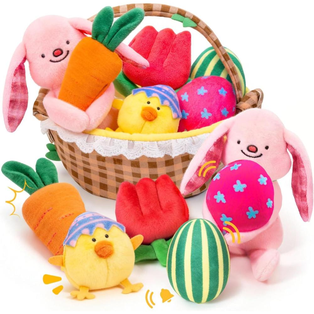 JoyCat Baby Easter Basket, Easter Gifts for Baby Girl Boys Toddlers Kids, 6 PCS Plush Sensory Playset with Bunny Chick Egg Carrot Tulip Toys, Rattle, Squeaker & Crinkle Plush Toys, Easter Egg Hunt