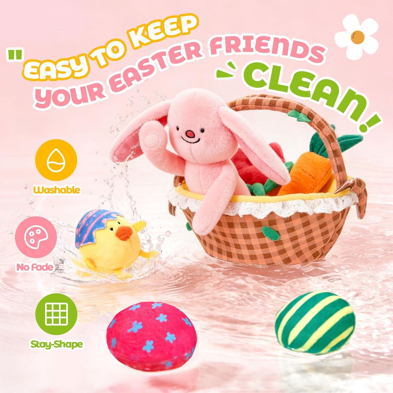 JoyCat Baby Easter Basket, Easter Gifts for Baby Girl Boys Toddlers Kids, 6 PCS Plush Sensory Playset with Bunny Chick Egg Carrot Tulip Toys, Rattle, Squeaker & Crinkle Plush Toys, Easter Egg Hunt