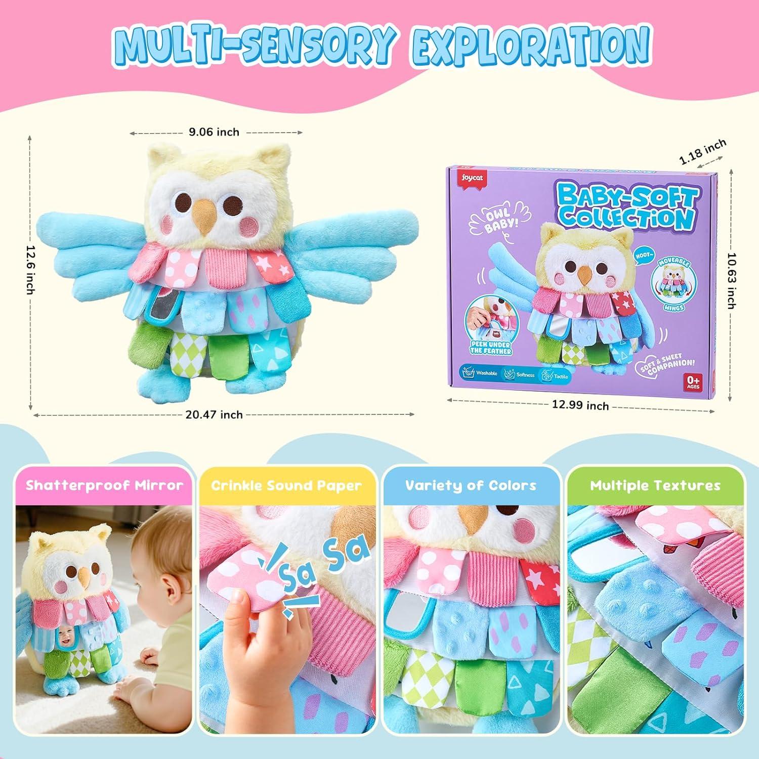 JoyCat Sensory Owl Baby Toy for 0-12 Months, 13Soft Tummy Time Infant Toy with Multi-Textured Crinkle Feathers, Baby Mirror, Stuffed Animal Plush Montessori Easter Gifts for Newborn Boys and Girls