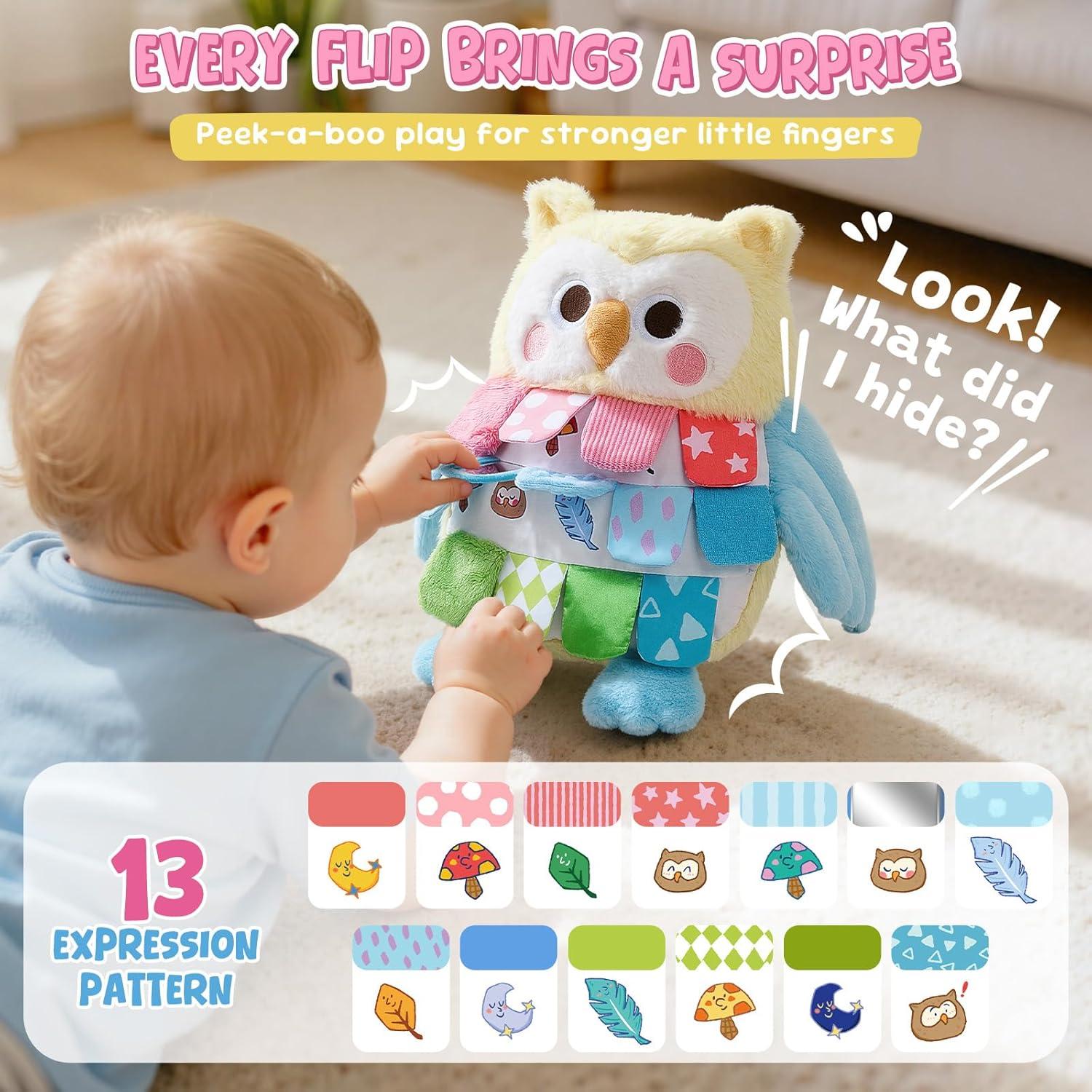 JoyCat Sensory Owl Baby Toy for 0-12 Months, 13Soft Tummy Time Infant Toy with Multi-Textured Crinkle Feathers, Baby Mirror, Stuffed Animal Plush Montessori Easter Gifts for Newborn Boys and Girls