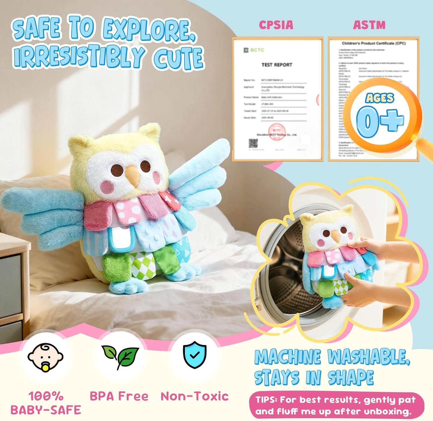 JoyCat Sensory Owl Baby Toy for 0-12 Months, 13Soft Tummy Time Infant Toy with Multi-Textured Crinkle Feathers, Baby Mirror, Stuffed Animal Plush Montessori Easter Gifts for Newborn Boys and Girls