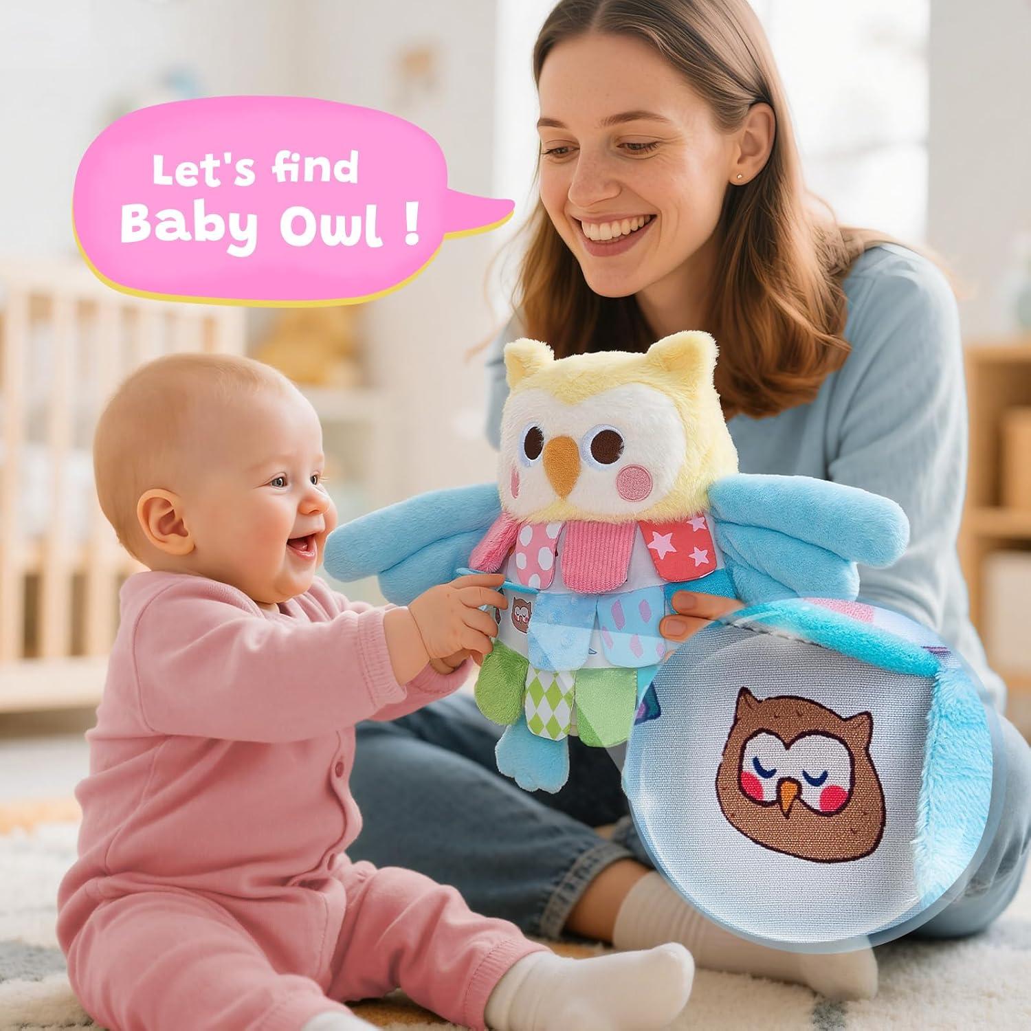 JoyCat Sensory Owl Baby Toy for 0-12 Months, 13Soft Tummy Time Infant Toy with Multi-Textured Crinkle Feathers, Baby Mirror, Stuffed Animal Plush Montessori Easter Gifts for Newborn Boys and Girls