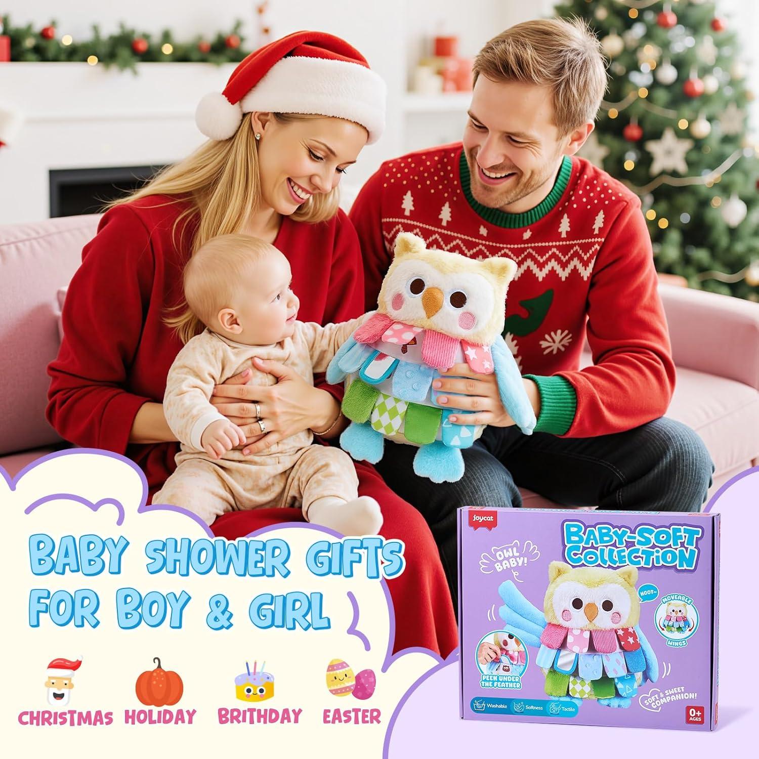 JoyCat Sensory Owl Baby Toy for 0-12 Months, 13Soft Tummy Time Infant Toy with Multi-Textured Crinkle Feathers, Baby Mirror, Stuffed Animal Plush Montessori Easter Gifts for Newborn Boys and Girls
