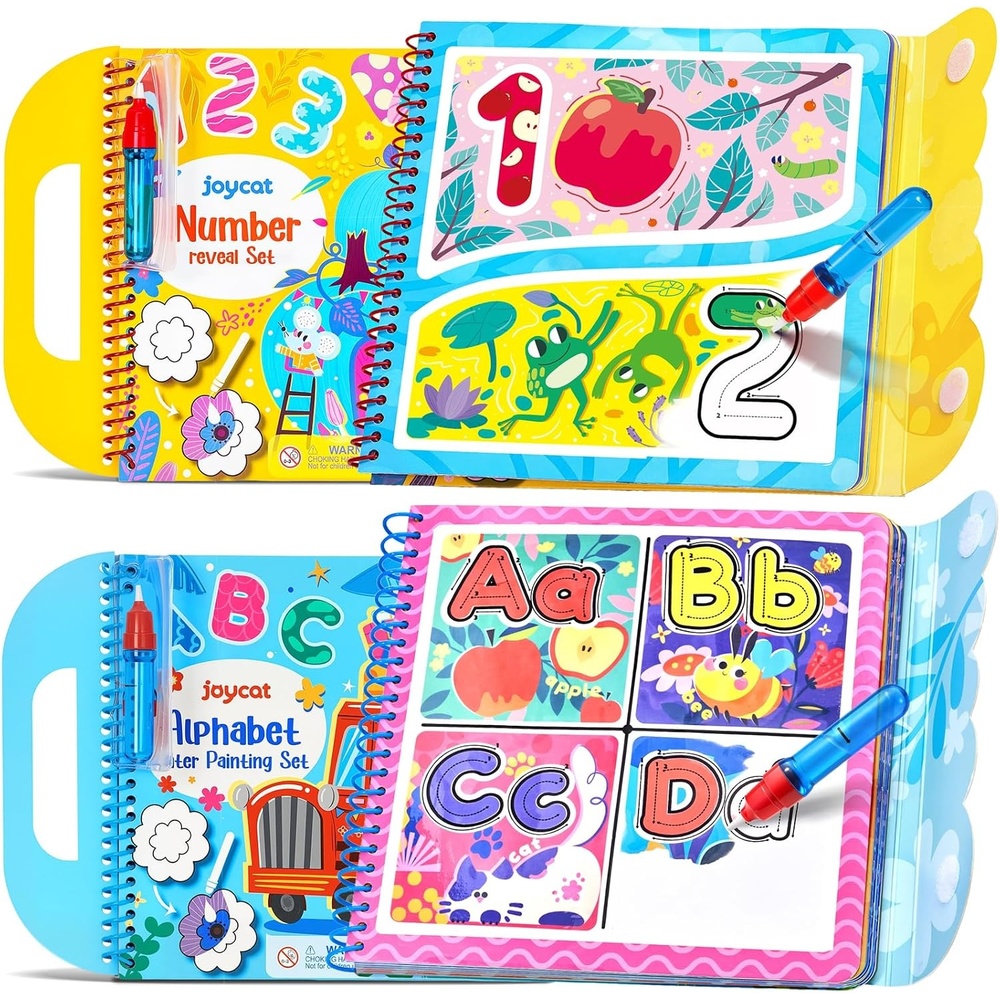 JoyCat Water Coloring Book for Toddlers, Shapes & Transportation Theme, 14 Reusable Activity Pages, Mess-Free Coloring Book for Kids Ages 3-5, Preschool Shape Learning Vehicle Activity Book(Alphabet + Number)