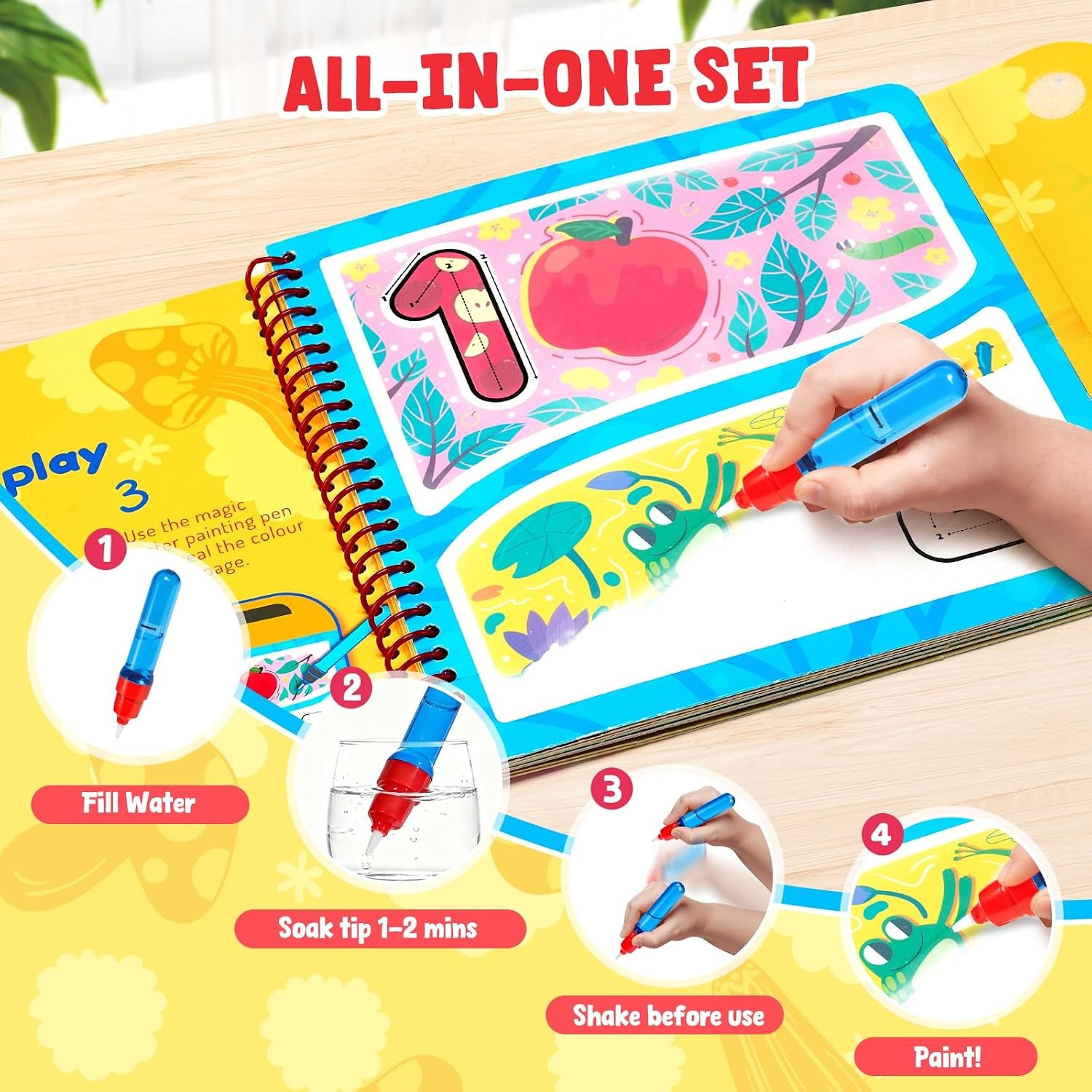 JoyCat Water Coloring Book for Toddlers, Shapes & Transportation Theme, 14 Reusable Activity Pages, Mess-Free Coloring Book for Kids Ages 3-5, Preschool Shape Learning Vehicle Activity Book(Alphabet + Number)