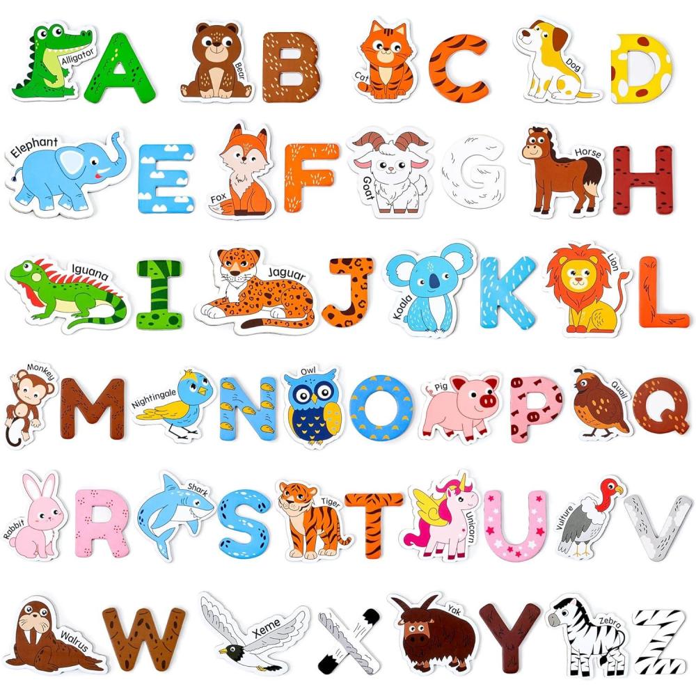 JoyCat Wooden Kids Magnets – 26 Cute Animals, Alphabet Uppercase Letters, and 0-9 Numbers, Fridge Magnets for Toddlers, Fun Educational Spelling Learning Gift for Toddlers & Kids(Animals+Letters)