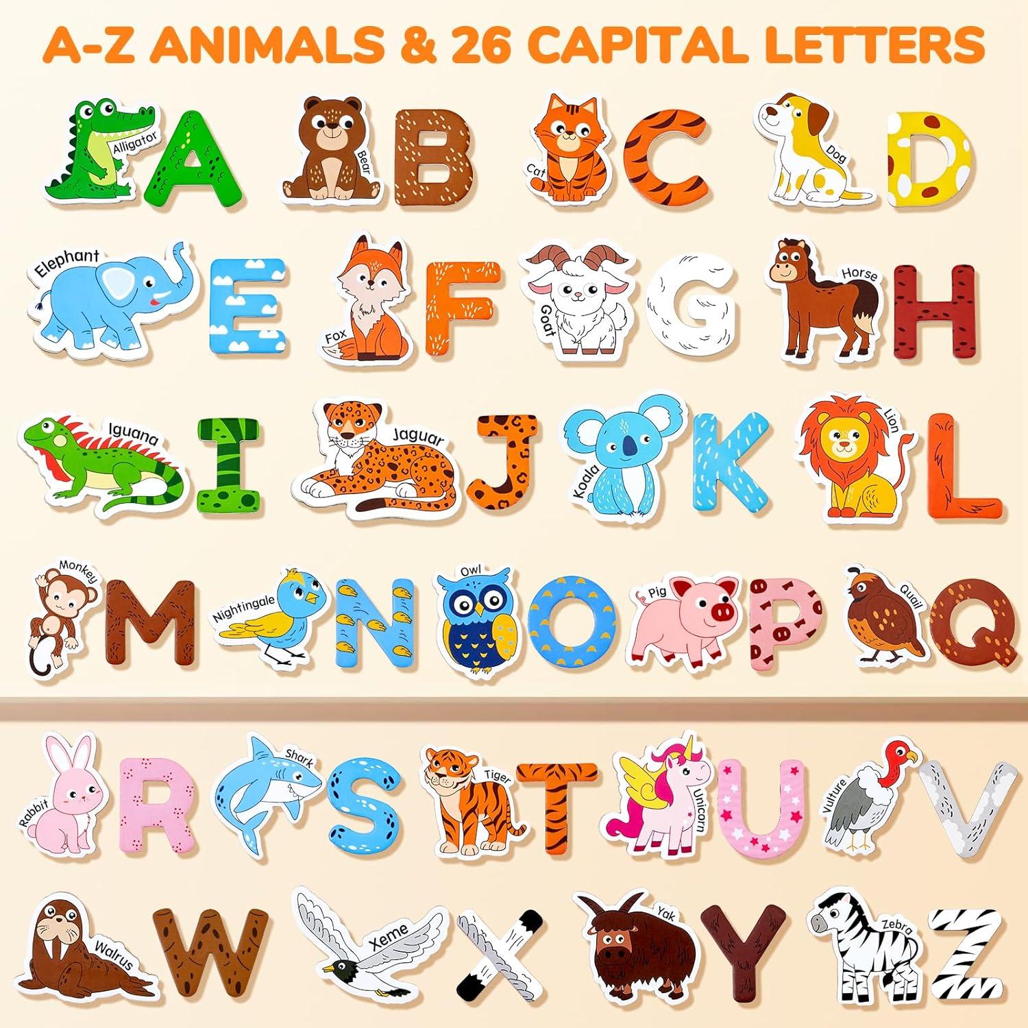 JoyCat Wooden Kids Magnets – 26 Cute Animals, Alphabet Uppercase Letters, and 0-9 Numbers, Fridge Magnets for Toddlers, Fun Educational Spelling Learning Gift for Toddlers & Kids(Animals+Letters)