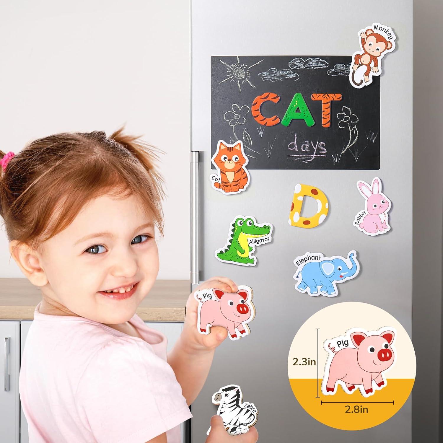 JoyCat Wooden Kids Magnets – 26 Cute Animals, Alphabet Uppercase Letters, and 0-9 Numbers, Fridge Magnets for Toddlers, Fun Educational Spelling Learning Gift for Toddlers & Kids(Animals+Letters)