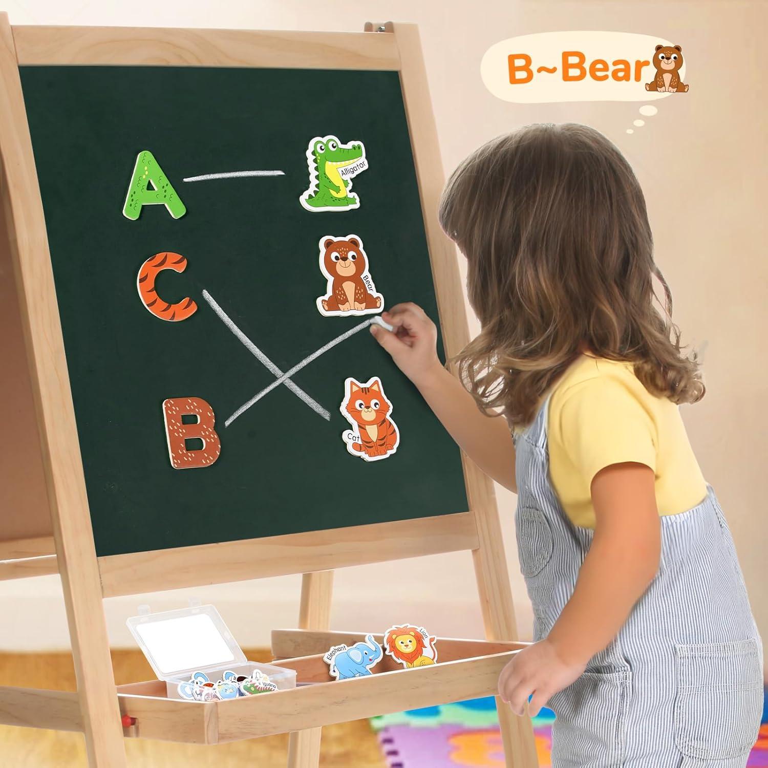 JoyCat Wooden Kids Magnets – 26 Cute Animals, Alphabet Uppercase Letters, and 0-9 Numbers, Fridge Magnets for Toddlers, Fun Educational Spelling Learning Gift for Toddlers & Kids(Animals+Letters)