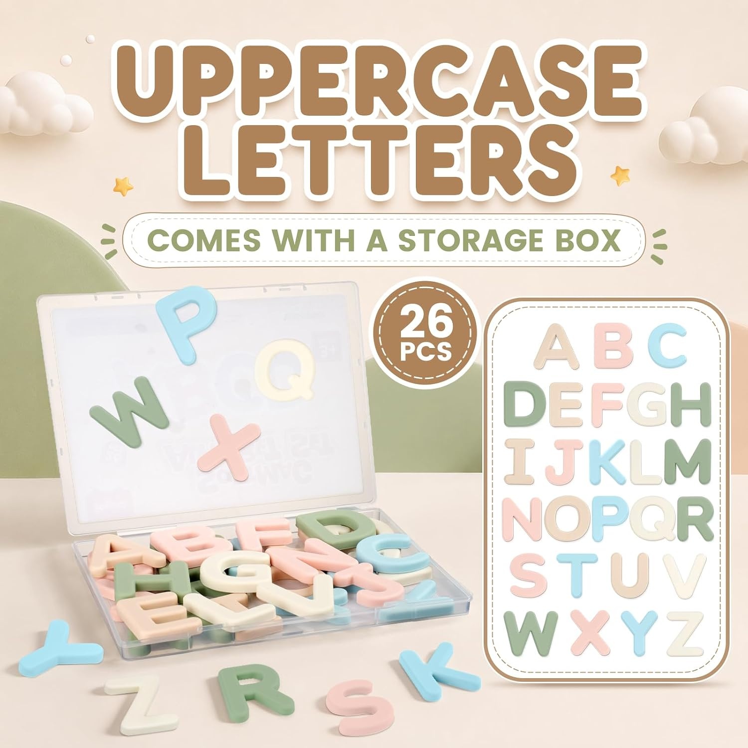 JoyCat Silicone Magnetic Alphabet Letters, 26 Uppercase ABC Fridge Magnets for Toddlers & Kids, Preschool Learning Refrigerator Toy Set, Birthday Gifts for Boys and Girls (Sunny Color)(Calm)