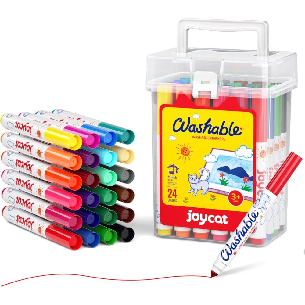 JoyCat 24 Colors Washable Markers for Kids, Broad Line Art Markers with Portable Travel Case, Non-Toxic School Art Supplies for Boys Girls, Ideal for Coloring Books & Classroom Projects(24)