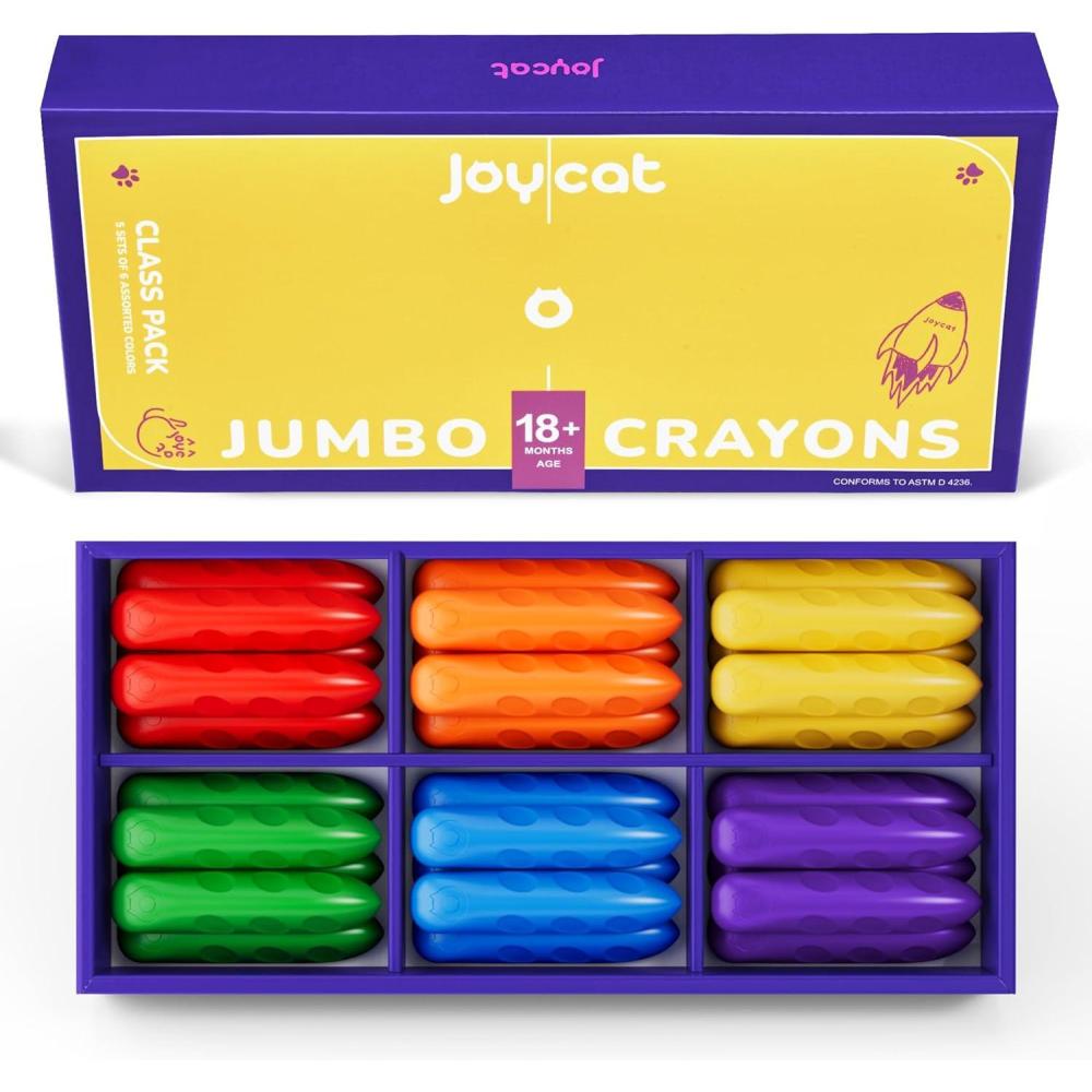 JoyCat 30 Pack Jumbo Crayons Bulk for Toddlers, 6 Vibrant Colors Easy-Grip Triangular Crayons, Unbreakable Washable Art Supplies for Preschool Classroom, Kids Party Favors & School Supplies
