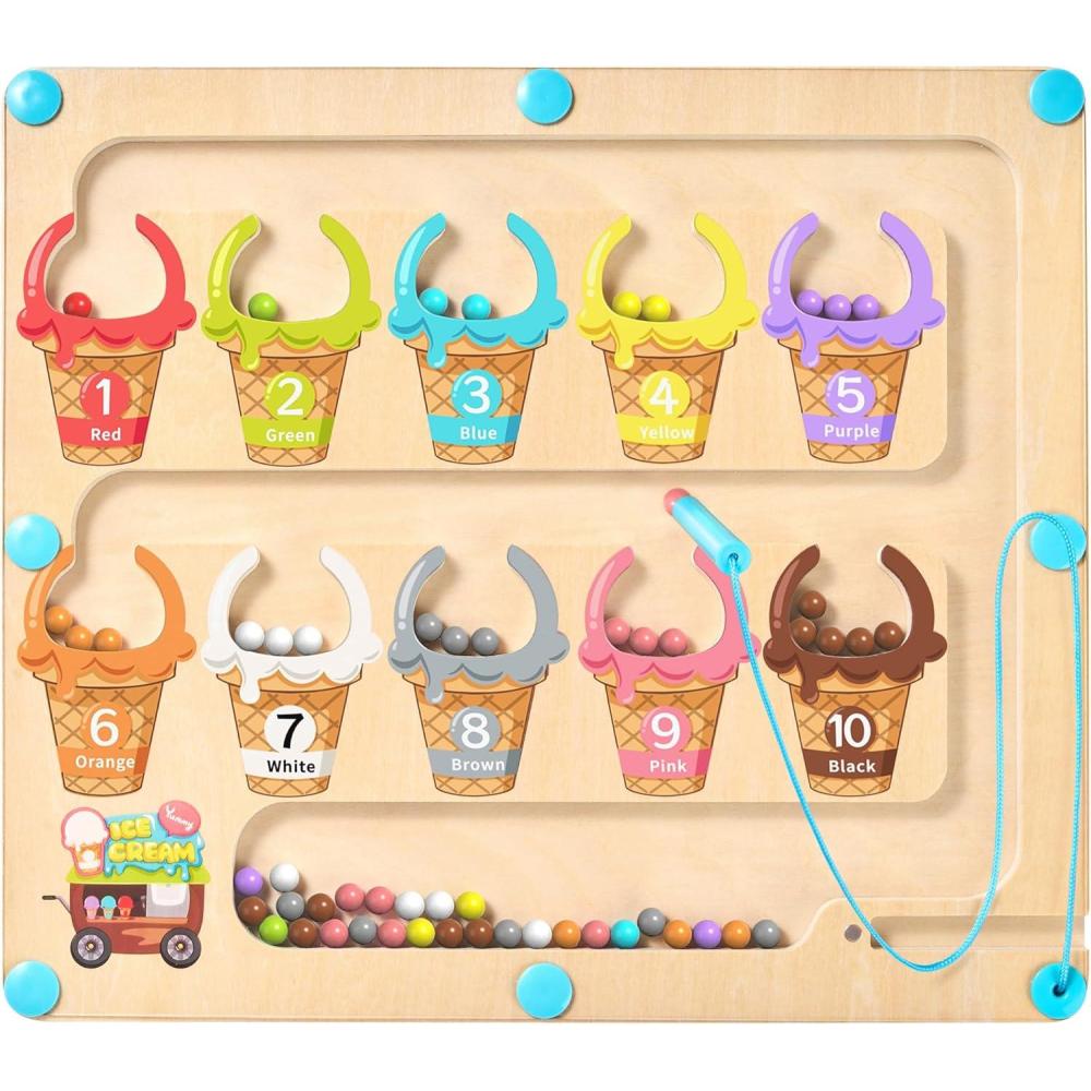 GAMENOTE Magnetic Color and Number Maze – Educational Fine Motor Skills Toys for Boys Girls 3 4 5 Years Old, Wooden Color Matching Learning Counting Toddler(Ice Cream)