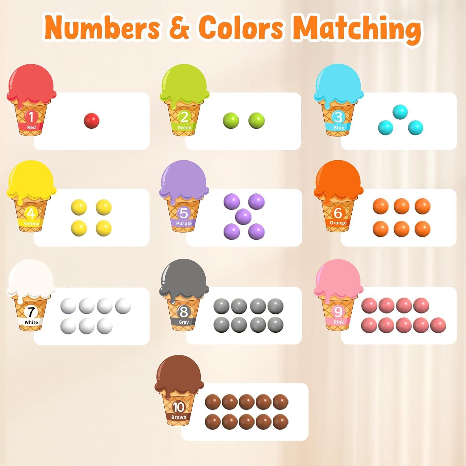 GAMENOTE Magnetic Color and Number Maze – Educational Fine Motor Skills Toys for Boys Girls 3 4 5 Years Old, Wooden Color Matching Learning Counting Toddler(Ice Cream)