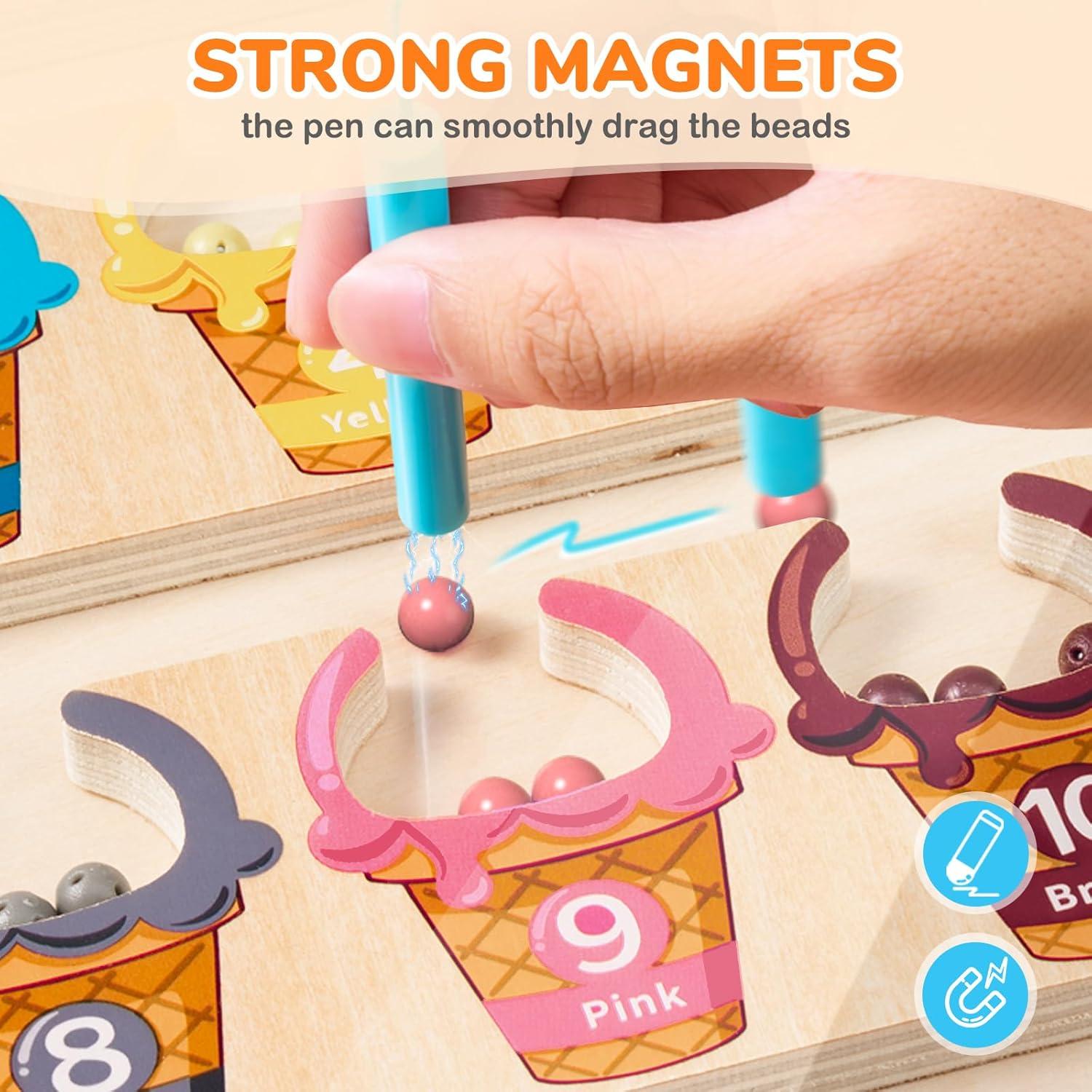 GAMENOTE Magnetic Color and Number Maze – Educational Fine Motor Skills Toys for Boys Girls 3 4 5 Years Old, Wooden Color Matching Learning Counting Toddler(Ice Cream)