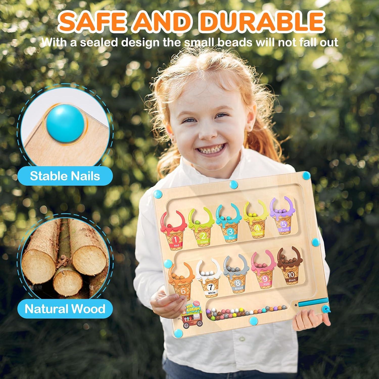 GAMENOTE Magnetic Color and Number Maze – Educational Fine Motor Skills Toys for Boys Girls 3 4 5 Years Old, Wooden Color Matching Learning Counting Toddler(Ice Cream)
