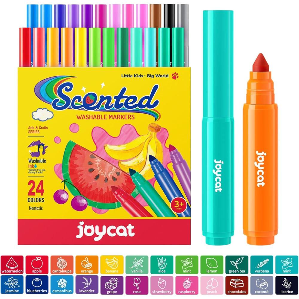 JoyCat 24 Colors Scented Washable Markers for Kids, Fruit & Dessert Smelly Markers with Versatile Conical Tips, Non-Toxic Art Supplies for Toddlers & School Classroom, Ideal Gifts for kids.(24)