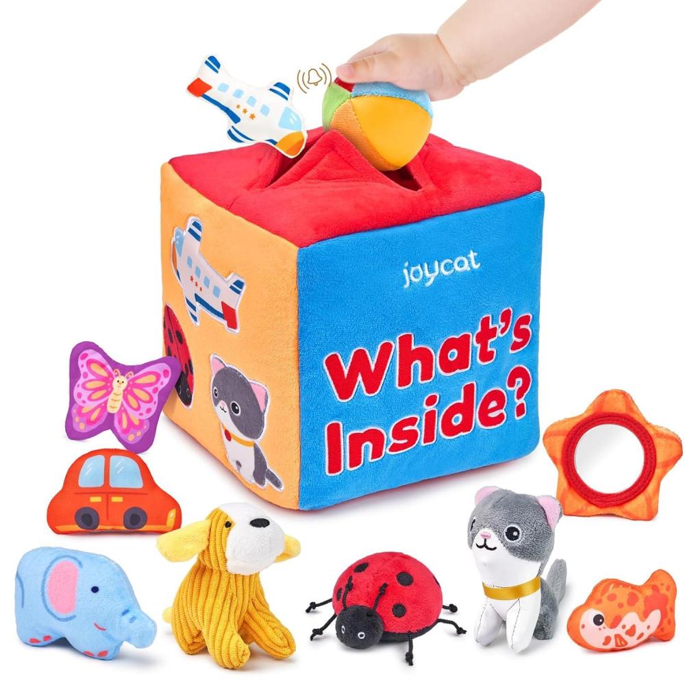 JoyCat Baby Toys 6-12 Months – Mystery Soft Box with 10 Sensory Objects, Rattle, Crinkle Paper, Mirror – What’s Inside Box Infant Gifts, Soft Busy Toys 1-2 – Baby Easter Basket Stuffers Gifts(Medium Box(10 Objects))