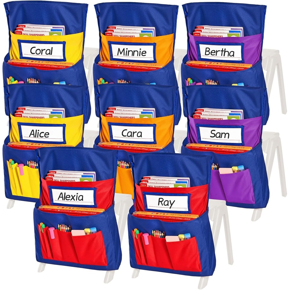Joycat 24 Pack Classroom Chair Pocket for School, Large Capacity Student Storage Organizer with Deep Pocket & Name Tag Slot, Heavy Duty Chair Bag for Classroom Books & School Supplies(Colorful)