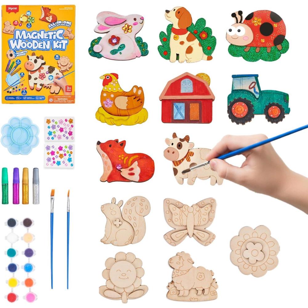 JoyCat DIY Wooden Magnets Kit, 13 Pcs Nature Art Supplies, Painting Kit, Arts and Crafts for Kids Ages 4-8 8-12, Party Favors, Christmas Crafts, Birthday Gifts, Toys for Boys Girls(Nature)