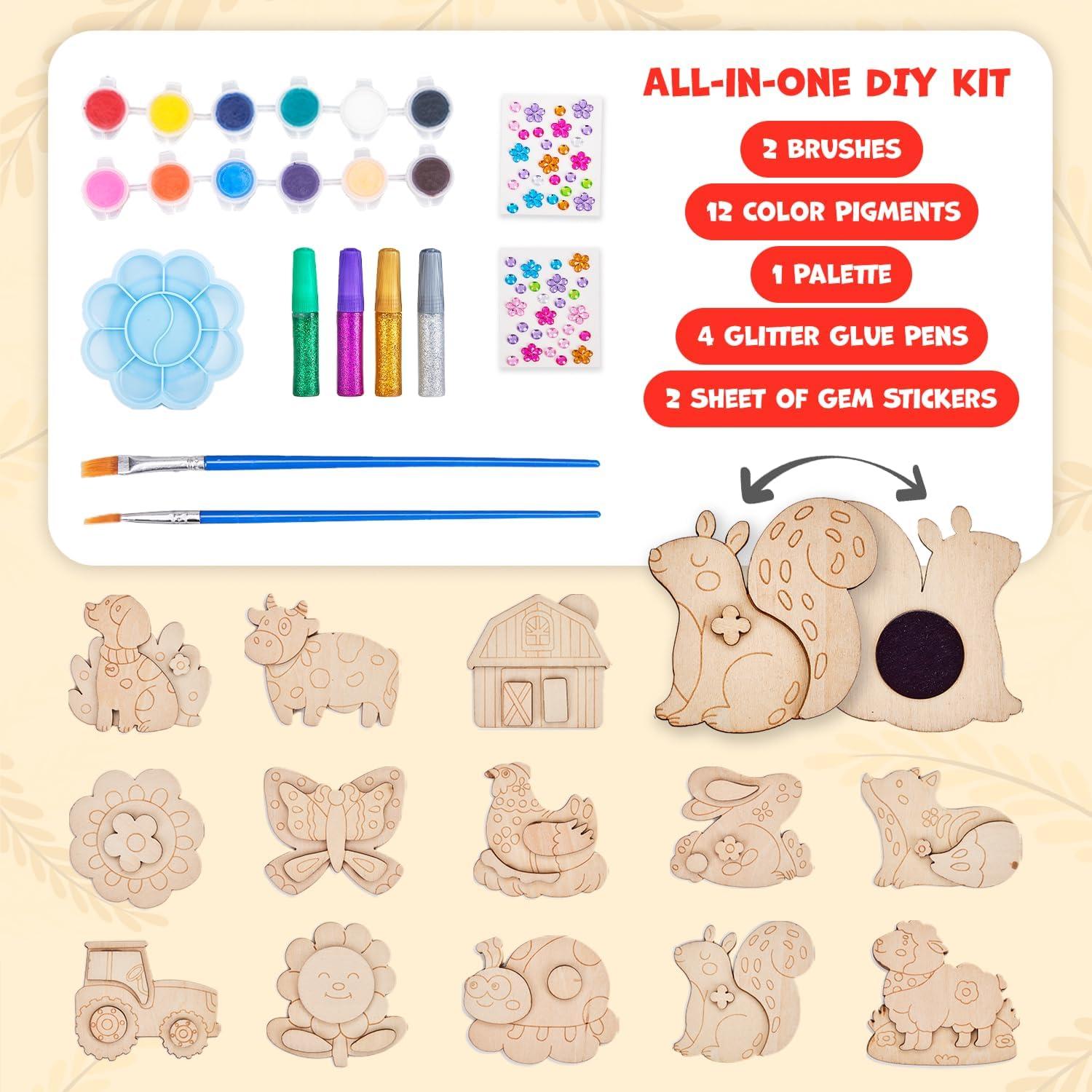 JoyCat DIY Wooden Magnets Kit, 13 Pcs Nature Art Supplies, Painting Kit, Arts and Crafts for Kids Ages 4-8 8-12, Party Favors, Christmas Crafts, Birthday Gifts, Toys for Boys Girls(Nature)