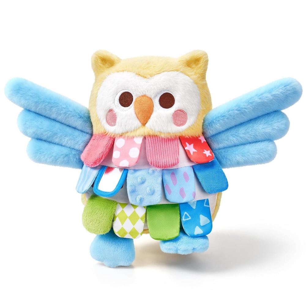 JoyCat Sensory Owl Baby Toy for 0-12 Months, 12Soft Tummy Time Infant Toy with Multi-Textured Crinkle Feathers, Baby Mirror, Stuffed Animal Plush Montessori Gifts for Newborn Boys and Girls(Low-saturation Yellow & Blue)