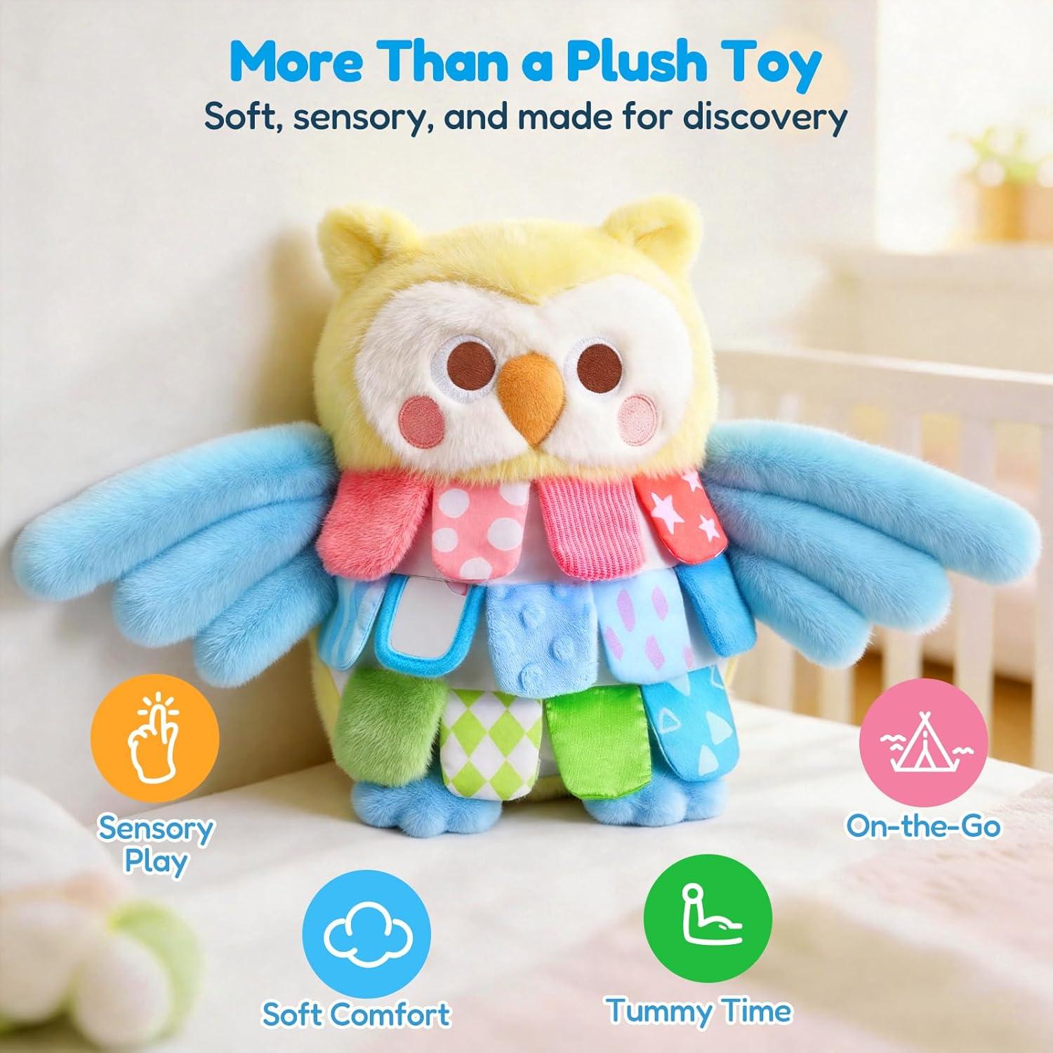 JoyCat Sensory Owl Baby Toy for 0-12 Months, 12Soft Tummy Time Infant Toy with Multi-Textured Crinkle Feathers, Baby Mirror, Stuffed Animal Plush Montessori Gifts for Newborn Boys and Girls(Low-saturation Yellow & Blue)