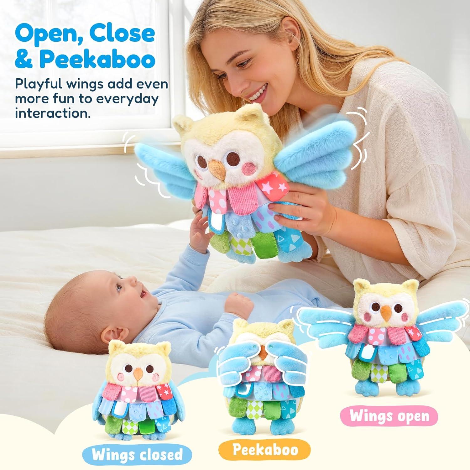 JoyCat Sensory Owl Baby Toy for 0-12 Months, 12Soft Tummy Time Infant Toy with Multi-Textured Crinkle Feathers, Baby Mirror, Stuffed Animal Plush Montessori Gifts for Newborn Boys and Girls(Low-saturation Yellow & Blue)