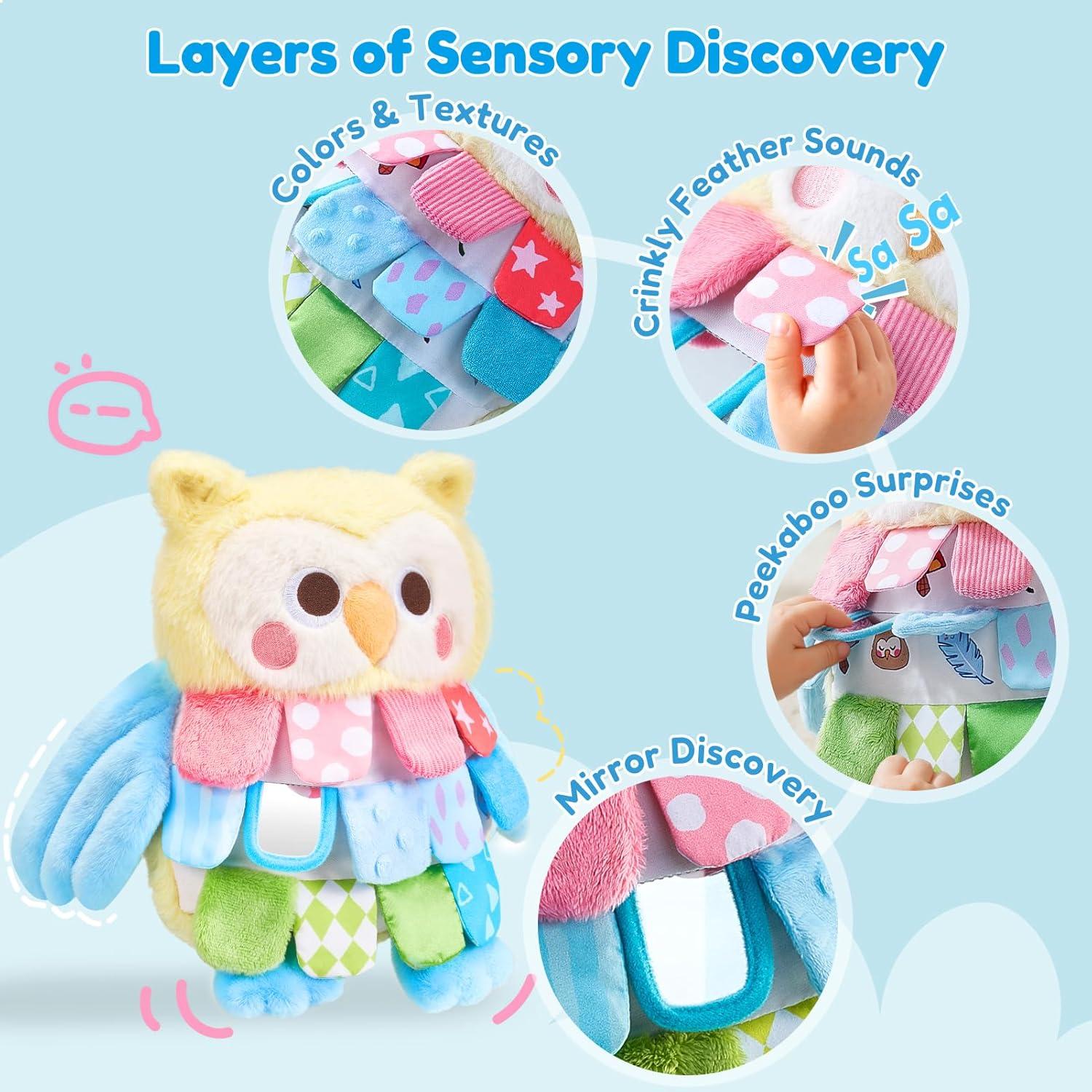 JoyCat Sensory Owl Baby Toy for 0-12 Months, 12Soft Tummy Time Infant Toy with Multi-Textured Crinkle Feathers, Baby Mirror, Stuffed Animal Plush Montessori Gifts for Newborn Boys and Girls(Low-saturation Yellow & Blue)