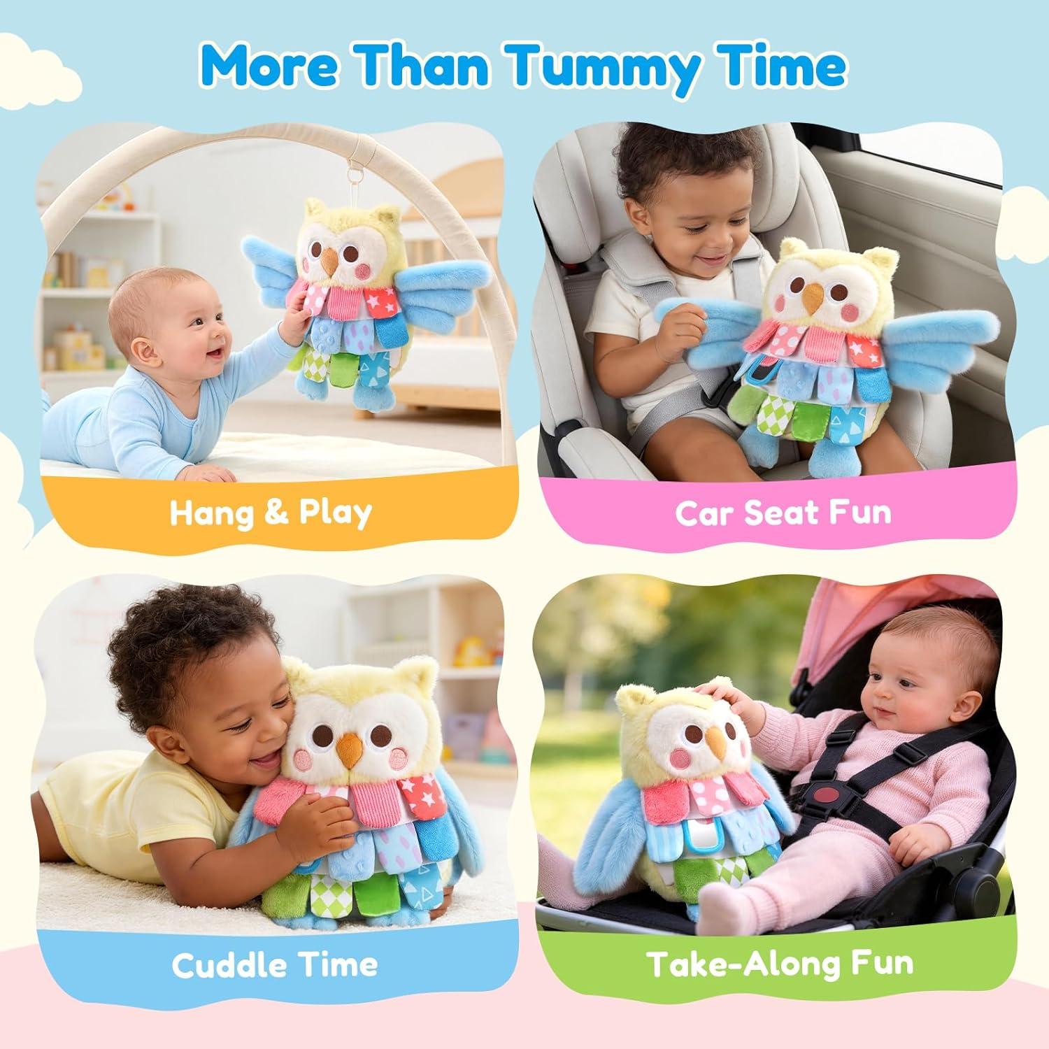 JoyCat Sensory Owl Baby Toy for 0-12 Months, 12Soft Tummy Time Infant Toy with Multi-Textured Crinkle Feathers, Baby Mirror, Stuffed Animal Plush Montessori Gifts for Newborn Boys and Girls(Low-saturation Yellow & Blue)